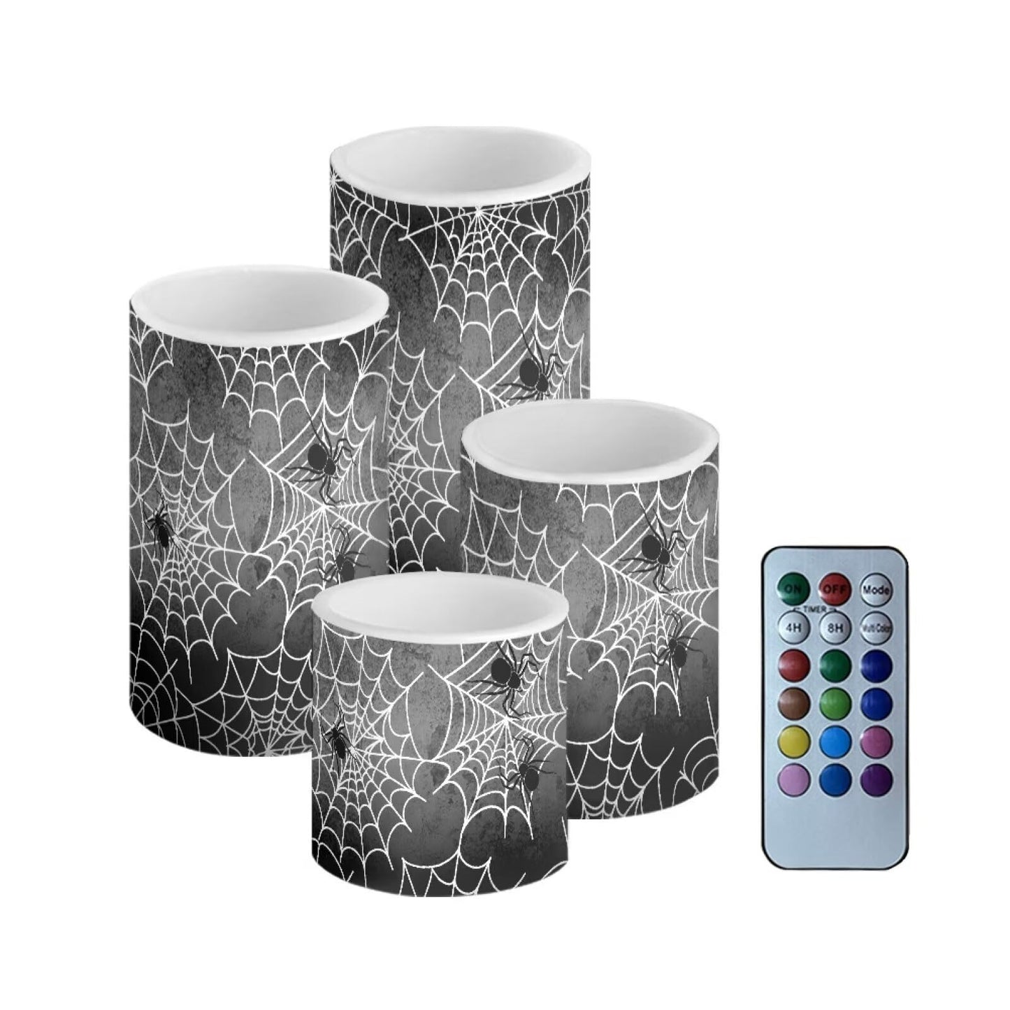 Merkmak Halloween Flameless Candles 4Pcs Battery Operated LED Candles with Timer Remote Spider Web Plastic Pillar Lights for Home Trick or Treat Party Decorations