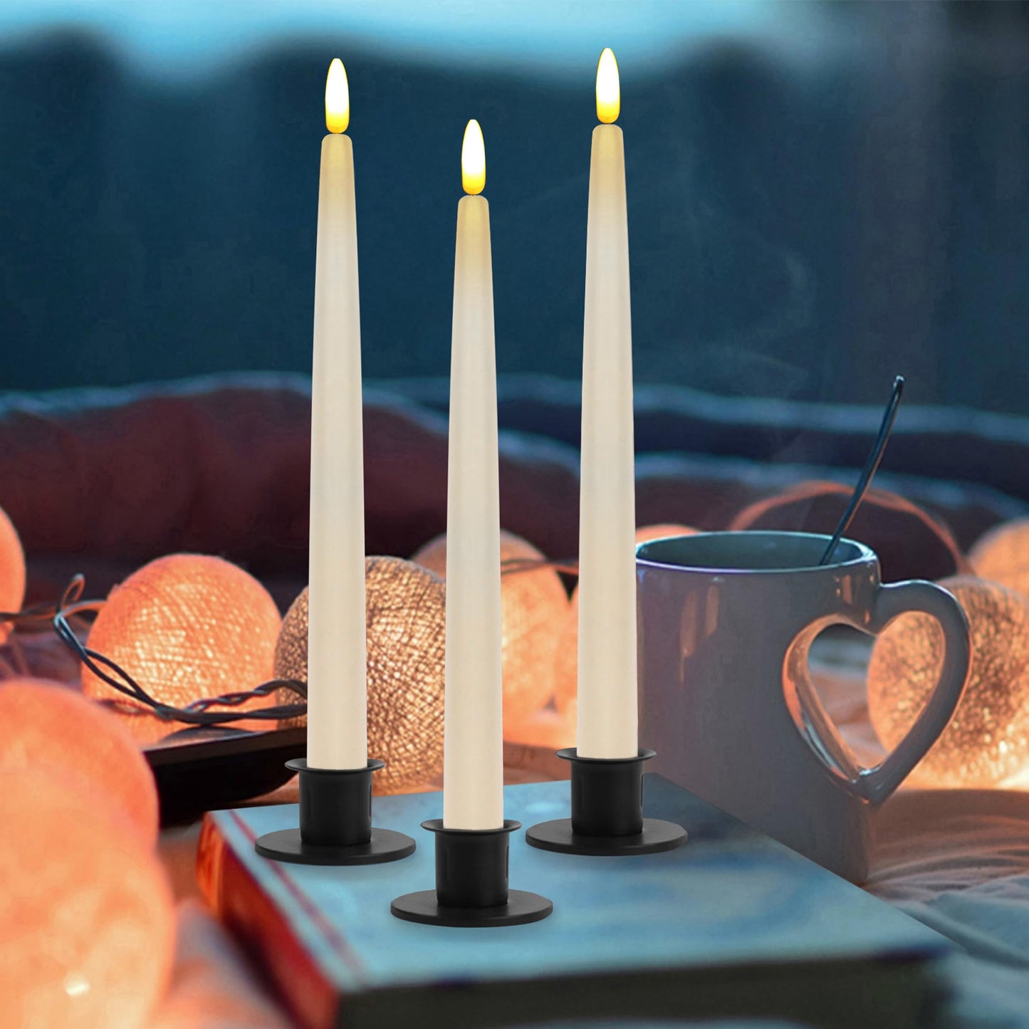 CVHOMEDECO. Flameless Taper Candles with 10-Key Remote, Battery Operated Led Flickering 3D Wick Window Candles Real Wax Finished Home Christmas Party Decor 0.78 x 11 Inch, Pack of 3, Ivory