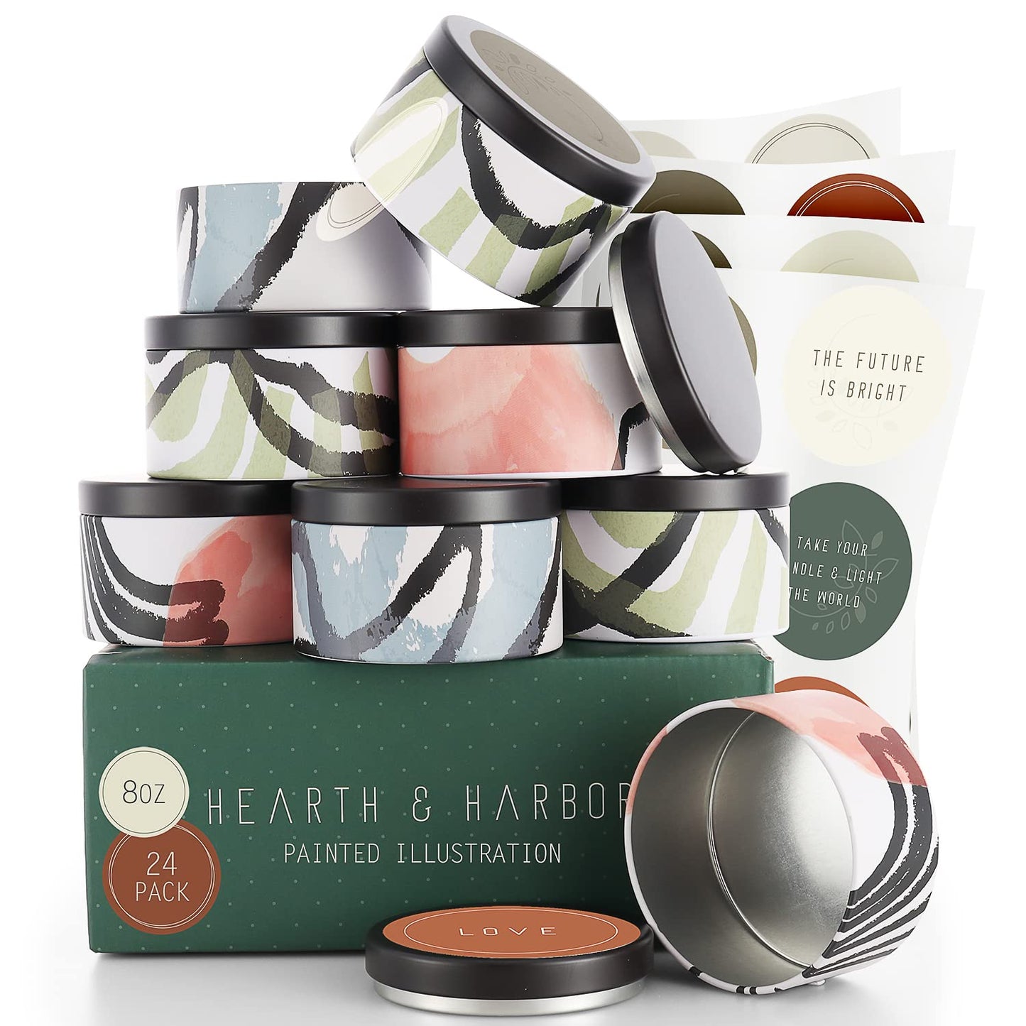 Hearth & Harbor Tin Candle Jars for Making Candles - DIY Candle Containers with Lids - Metal Candle Jars - Bulk Tins Storage for Candle - (24 Pieces) - (8 Ounces) - Painted Illustration