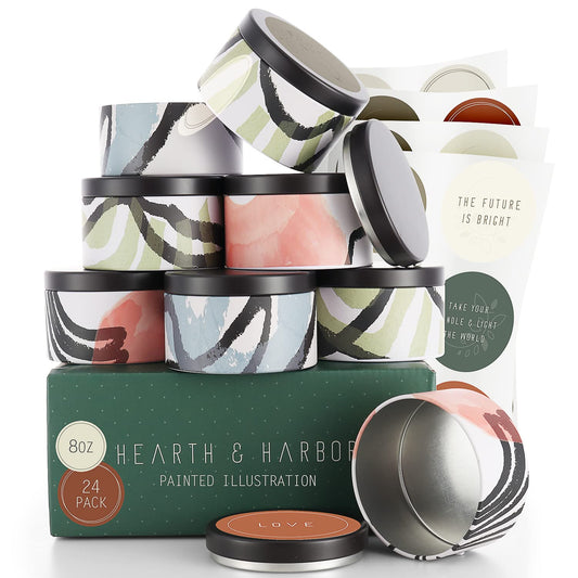 Hearth & Harbor Tin Candle Jars for Making Candles - DIY Candle Containers with Lids - Metal Candle Jars - Bulk Tins Storage for Candle - (24 Pieces) - (8 Ounces) - Painted Illustration