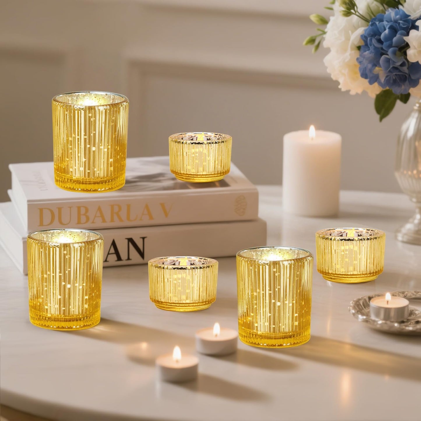IMAGE Votive Gold Candle Holders, Elegant Glass Tea Light Holder for Weddings, Diwali, Home Decor, Shower, Party & Gift (12)