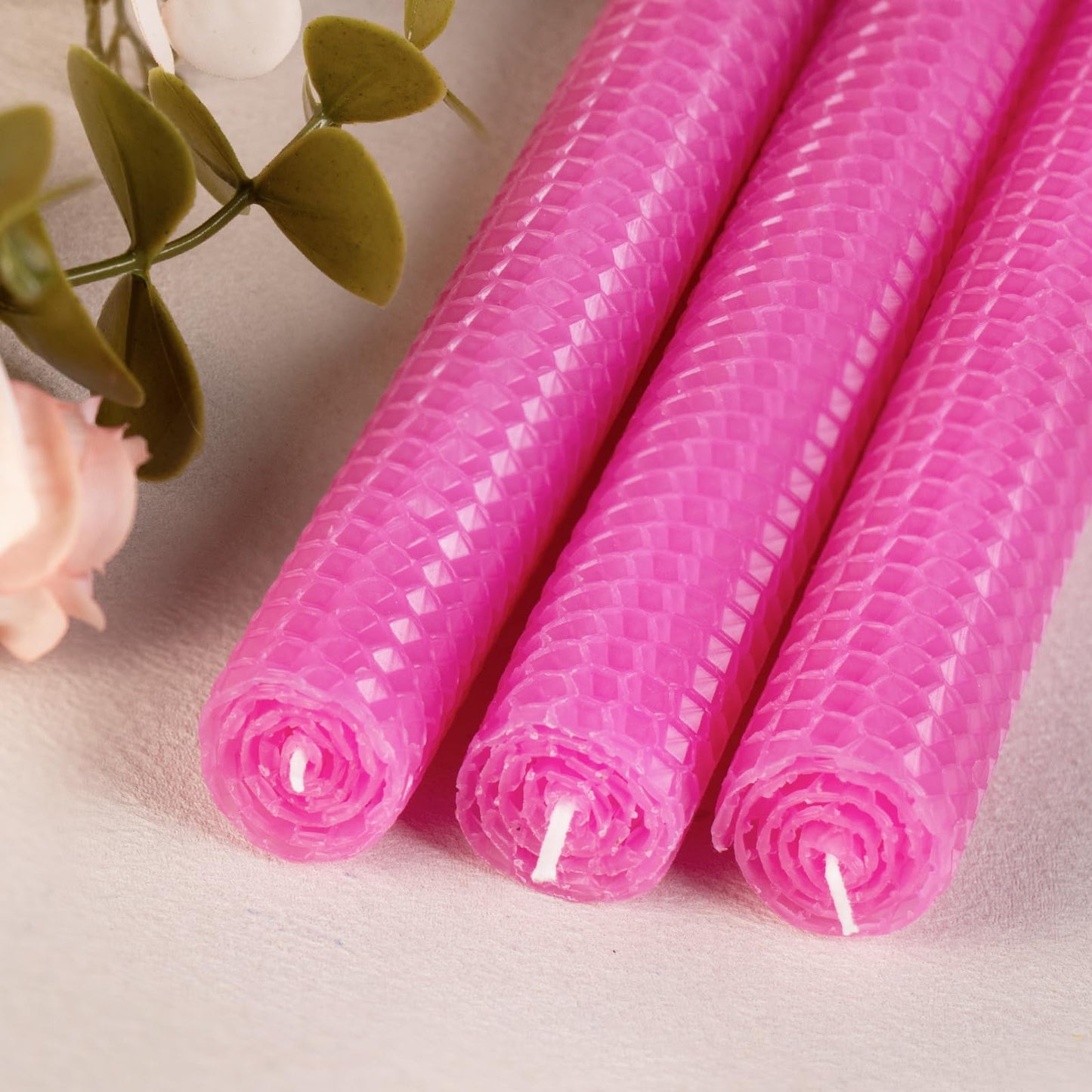KONNI Pink Beeswax Taper Candles, 0.87 inch x 7.87 inch Hand-Rolled, Unscented, Smokeless Beeswax, Long Burning Time, Flat Top (Pack of 3), for Weddings, Dinner Parties, Spas, and Home Decor