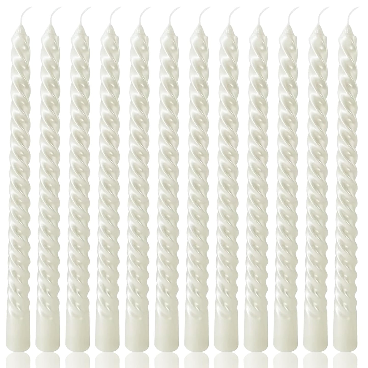 10 Inch Metallic White Spiral Taper Candles Set for Holiday Decor, 12 Pack Unscented Twisted Candlesticks, Dripelss Thin Tapered Candles for Wedding Dinner Party Ceremony Religious