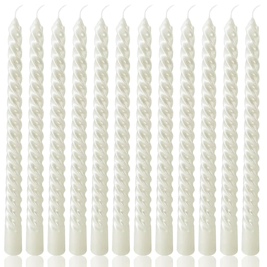 10 Inch Metallic White Spiral Taper Candles Set for Holiday Decor, 12 Pack Unscented Twisted Candlesticks, Dripelss Thin Tapered Candles for Wedding Dinner Party Ceremony Religious