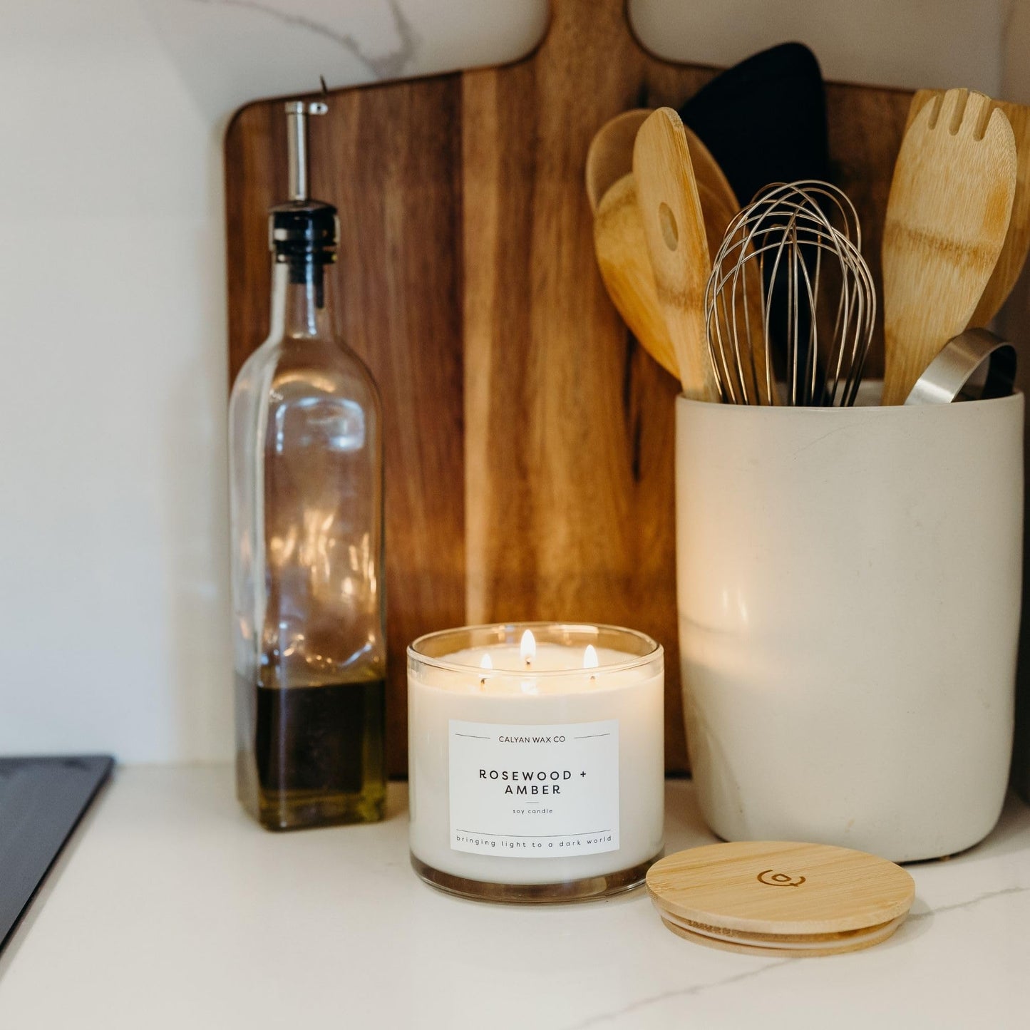 Calyan Wax Co. Rosewood & Amber 3 Wick Scented Candle - 43 Hour Burn - Luxury 3 Wick Soy Candles - Clean Soy Wax Candles - Long Lasting Large Glass Jar Candle for Home - 14.9oz