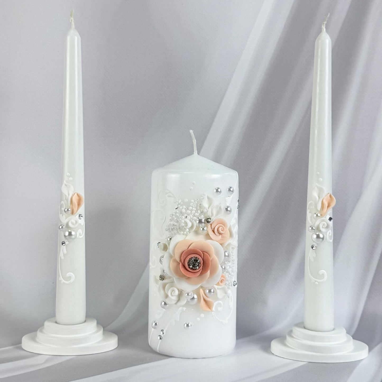 Magik Life Unity Candle Set - Wedding Ceremony & Reception – 6” Pillar & Two 10” Taper Candles – Long Burning Unity Candles for Marriage Ritual – Handmade in USA – White | Rose