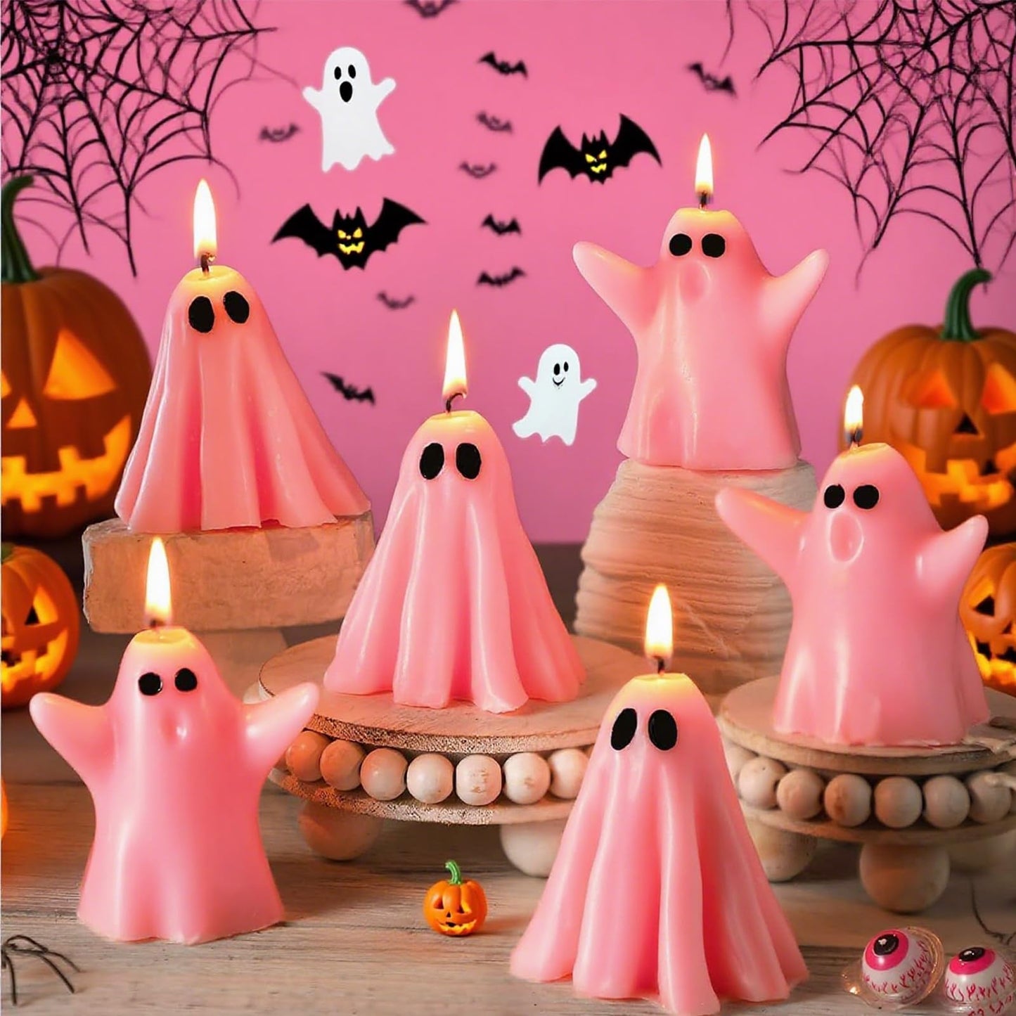 Conelist 6 Pieces Halloween Large Ghost Candles White Spooky Scented Halloween Candles Horror Gifts Candle Tea Lights Goth Room Decor for Summer Dining Table Party Bedroom(Pink Style,Pink)