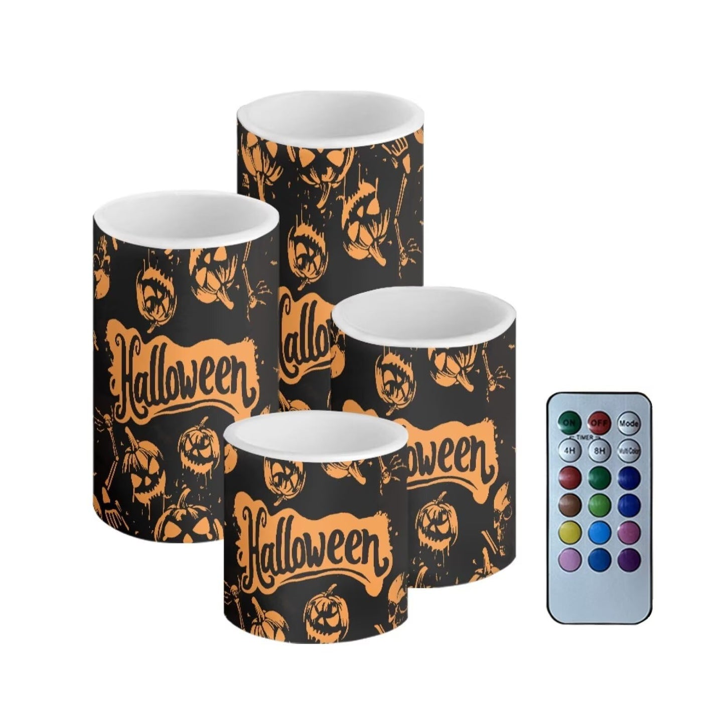 Merkmak Pack of 4 Halloween Pumpkin Flameless Candles Bulk with Remote 4th of July Battery Operated Candles with Timer Flickering LED Elictric Pillar Lights for Home Decorations