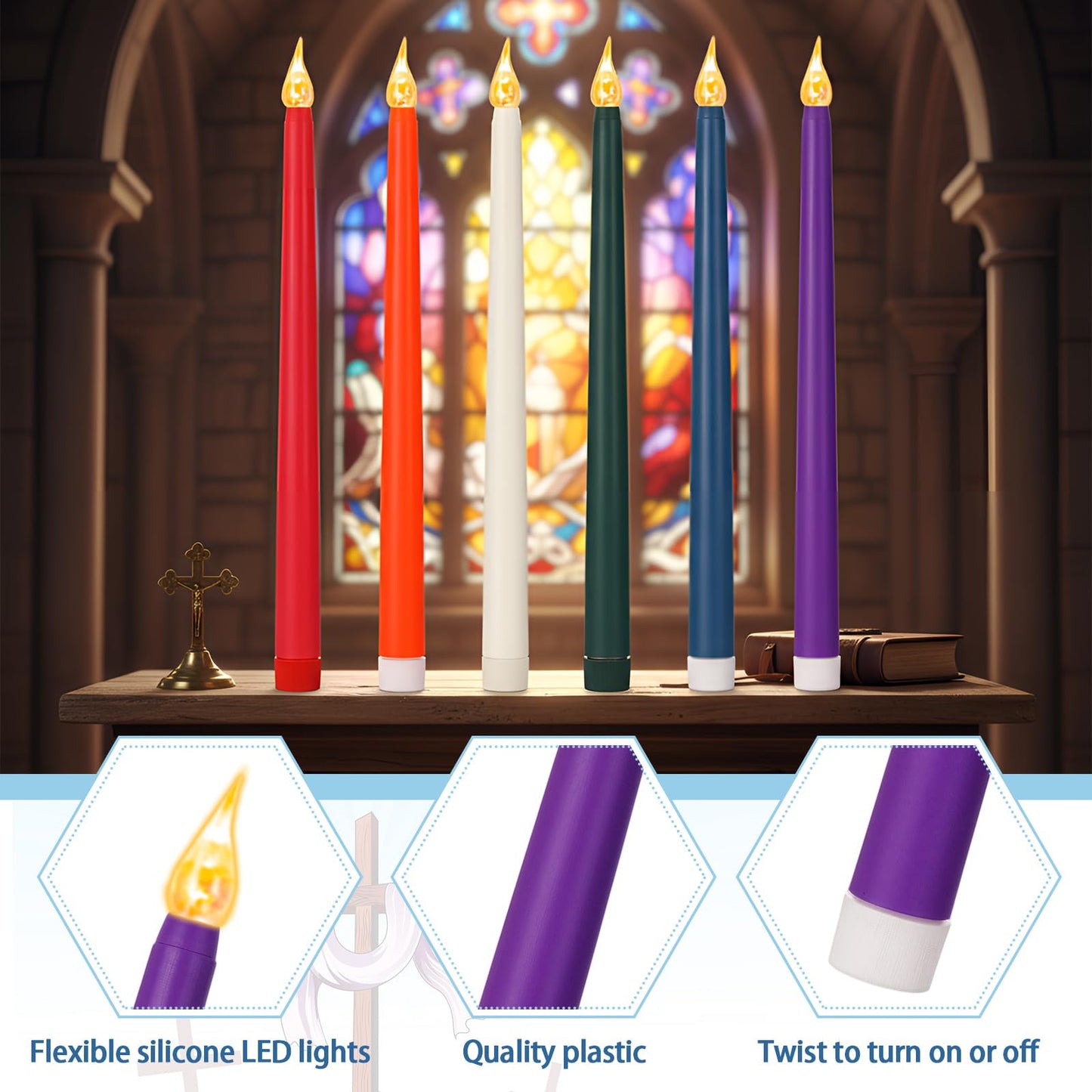 CHENGU 12 Pcs LED Taper Candles Flameless Battery Dripless Dinner Candles for Thanksgiving Day, Weddings, Church, Hanukkah, Christmas, Autumn, New Year Celebration(Multicolor,Taper)