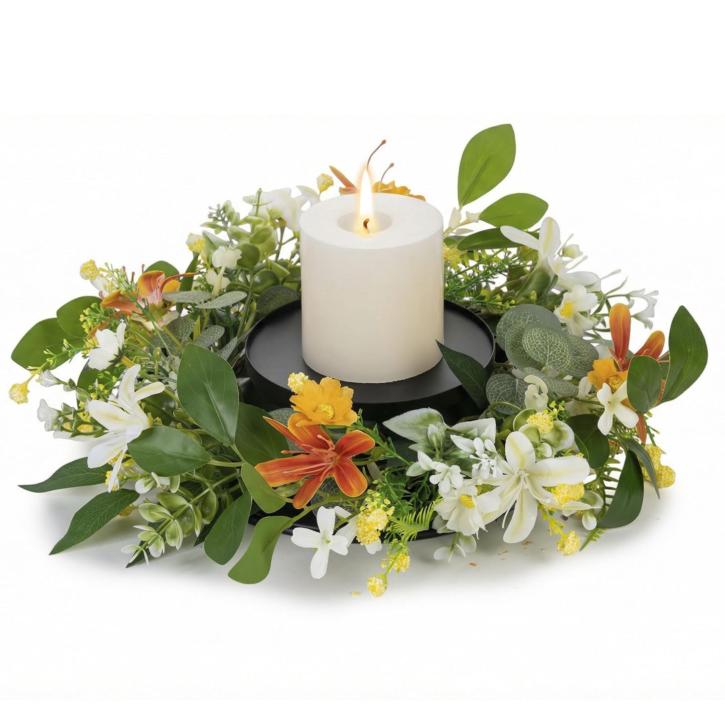 MOYEE Summer Candle Holder Centerpieces for Tables,Candle Ring, Black Metal Candlestick with an Artificial Wreath 14 in Versatile Dining Table Centrepiece (Red Flower Green Leaf Wreath)