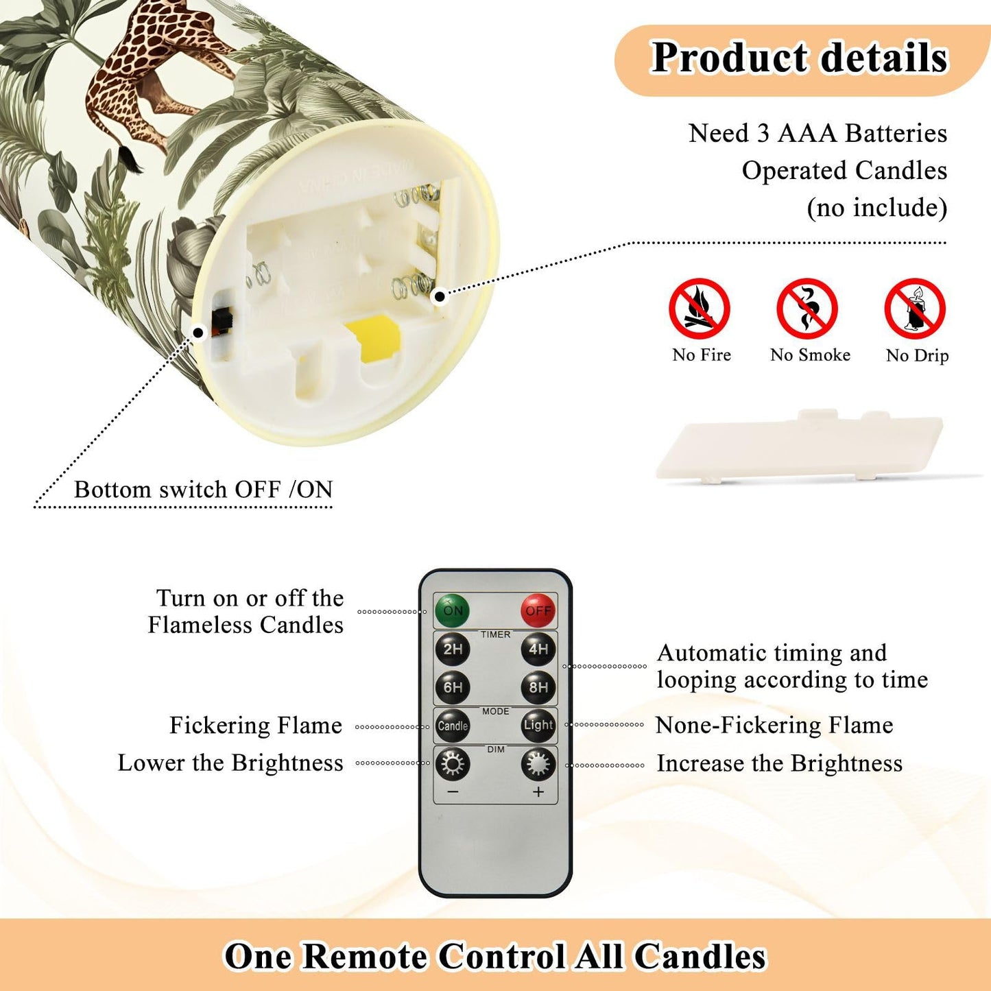 YETTASBIN Jungle Animals Flameless Candles with Remote Timer Set of 2, Waterproof Adjustable Long Lasting Battery Operated LED Pillar Candles for Party Holiday Home Decor, Medium-5.9 x 3 Inch