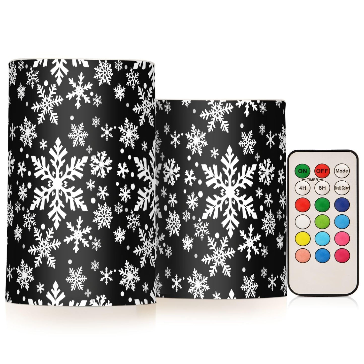 Pigsaly Flameless Candles Battery Operated White Black Texture Christmas Snowflakes Flickering Led Pillar Candles with Remote Control Colour Changing Warm Light Candles for Halloween Christmas Weddi