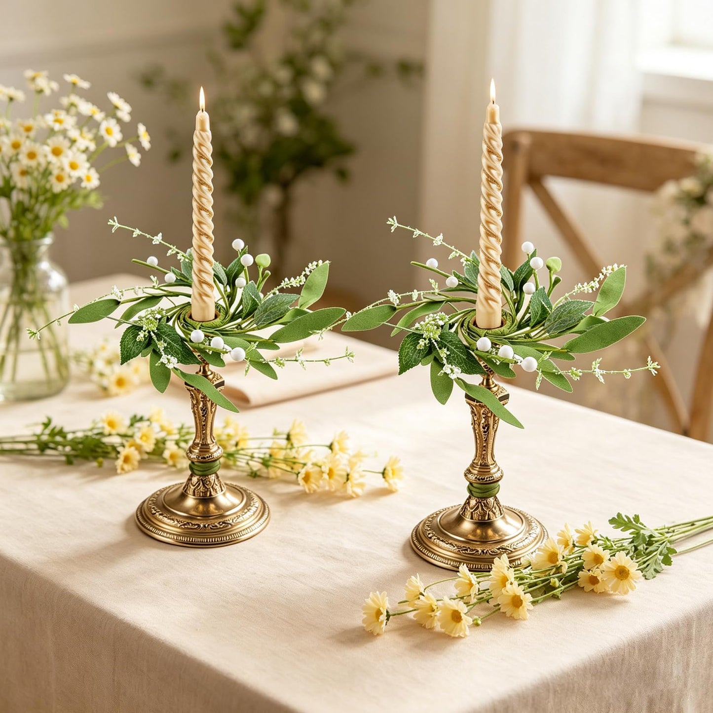 6 PCS 1.38" Mini Spring Summer Taper Candle Ring Mini Green Eucalyptus Candle Rings for Tapers Small Artificial Greenery Candle Holder Wreaths for Table Centerpieces Home Farmhouse Candlesticks Decor
