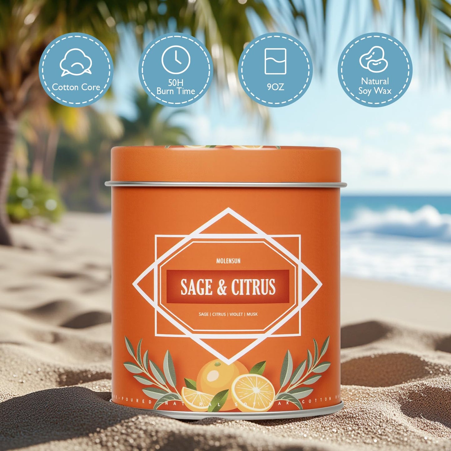 Sage & Citrus Candle, Scented Candles Gifts for Women Men, Candles for Home Scented, 9 oz Soy Wax Candle, Aromatherapy Tin Jar Candle