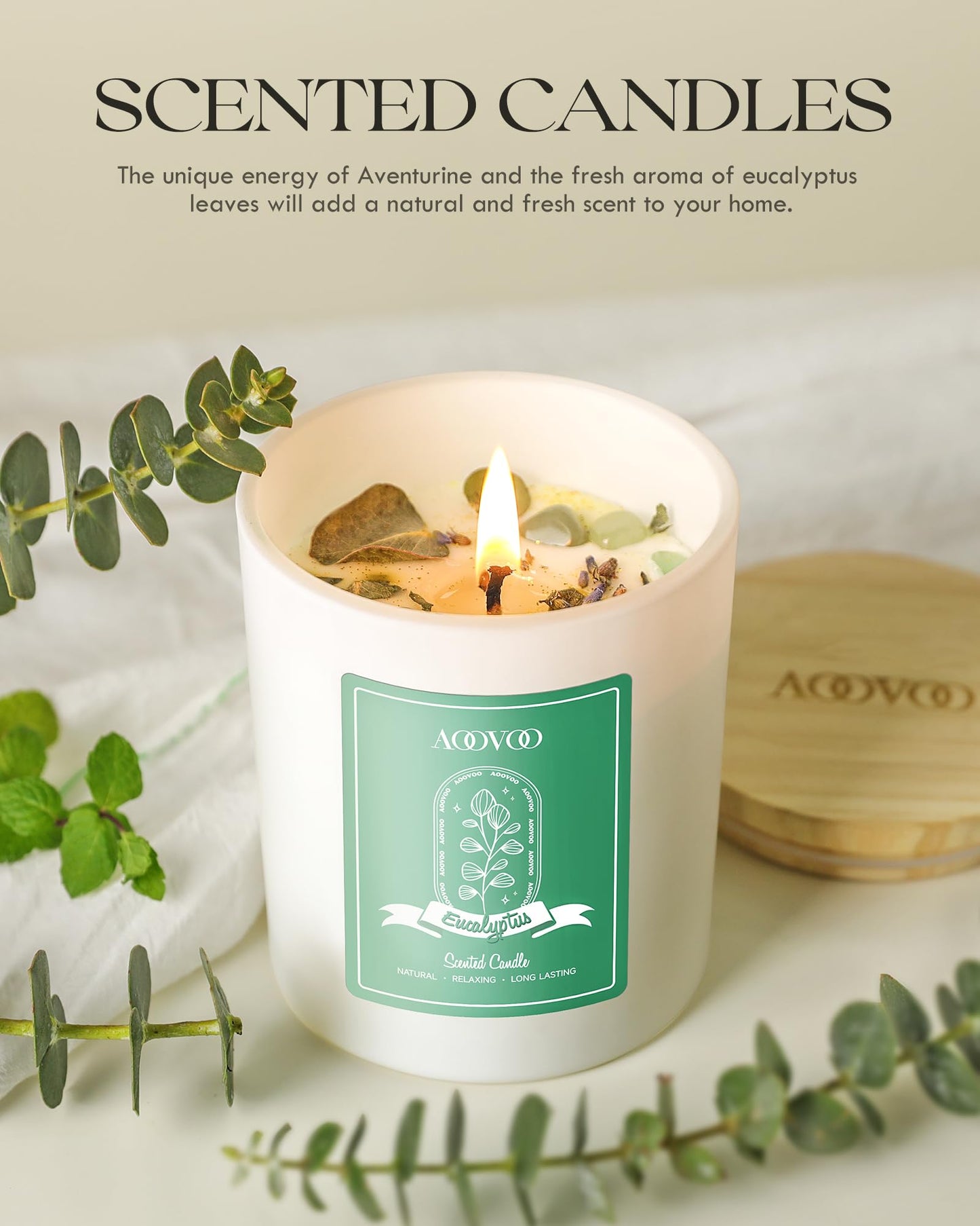 AOOVOO Eucalyptus Mint Scented Candles for Women - Aromatherapy Candle with Crystals Inside, 10oz Soy Candles for Home Scented, Birthday Gifts Mothers Day Candle for Women Mom