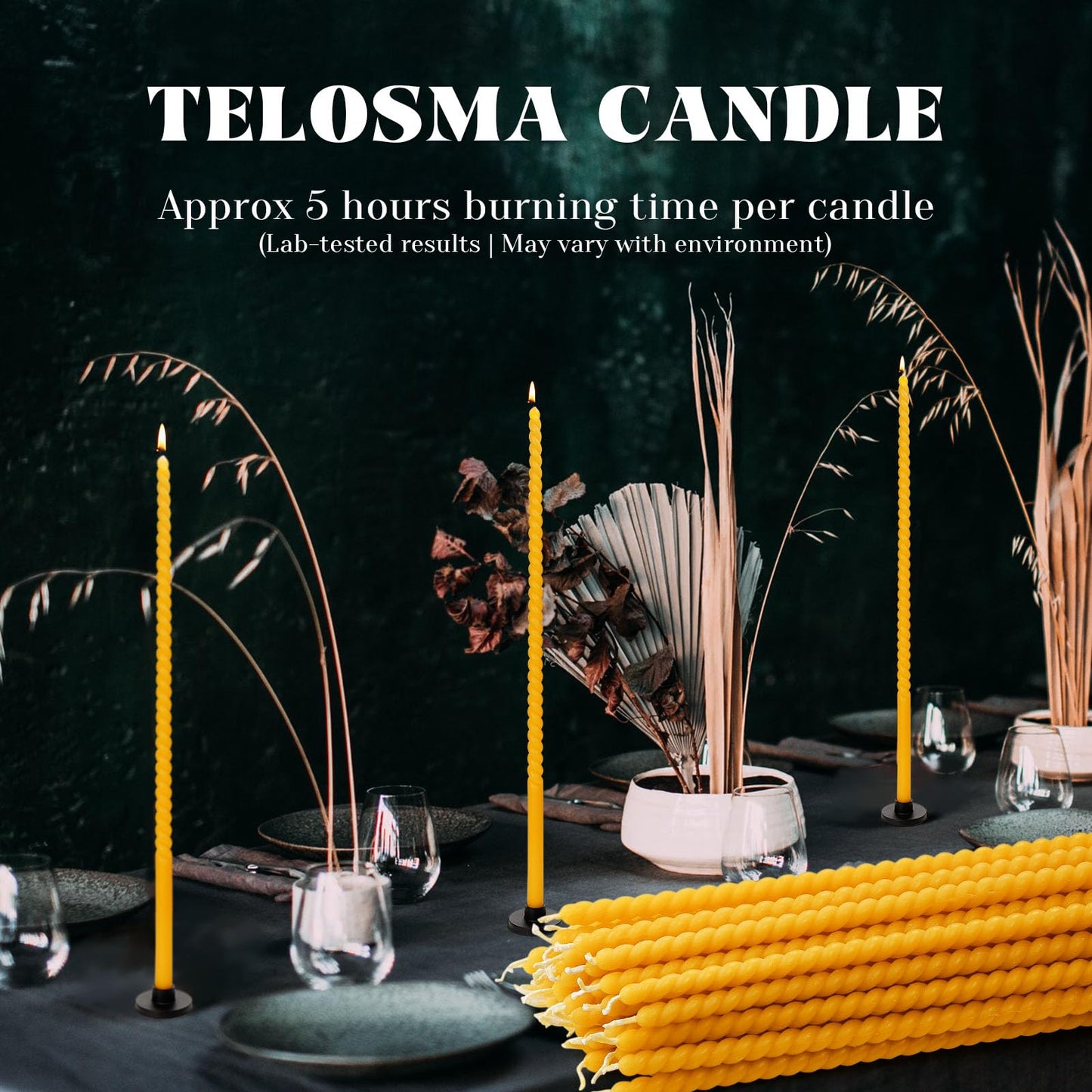 16 Pack 15-Inch Slim Beeswax Taper Candles（ 1/2 Inch ） with 2 Holders - Natural Drippless Spiral Thin Church Candle 0.5 inch Diameter, Yellow