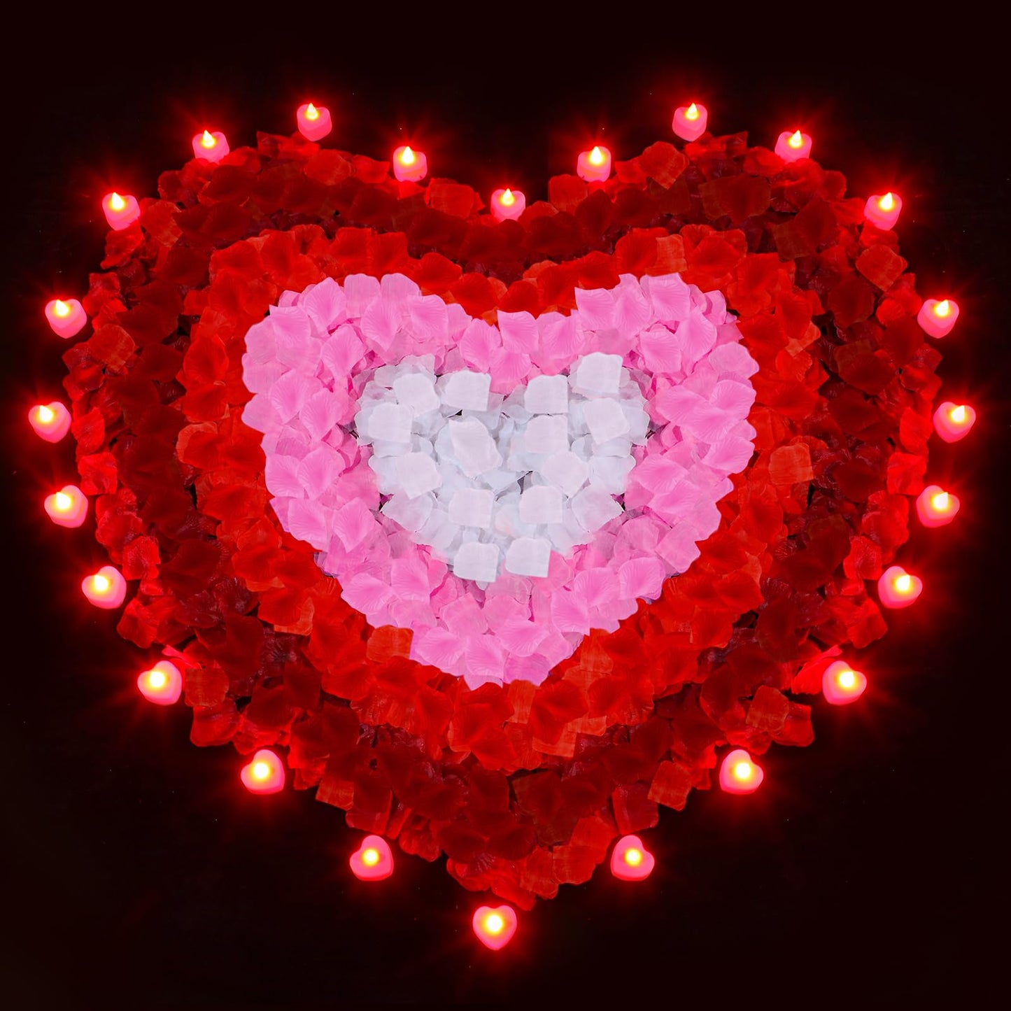 Honoson 1000 Pieces Artificial Rose Petals with 24 Pcs Flameless Heart Shaped LED Tealights Candles Special Romantic Night Decorations for Proposal Wedding Anniversary Table Decor(White with Red)