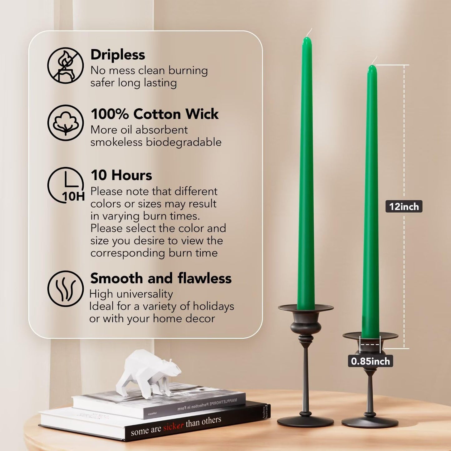 Pickood 12-Inch Tall Dripless Taper Candles Set of 4 - Emerald Tapered Candles, Perfect for Spring - Smokeless, Unscented, Long Burning - Hand Poured, Colored Tall Candlesticks - Jade