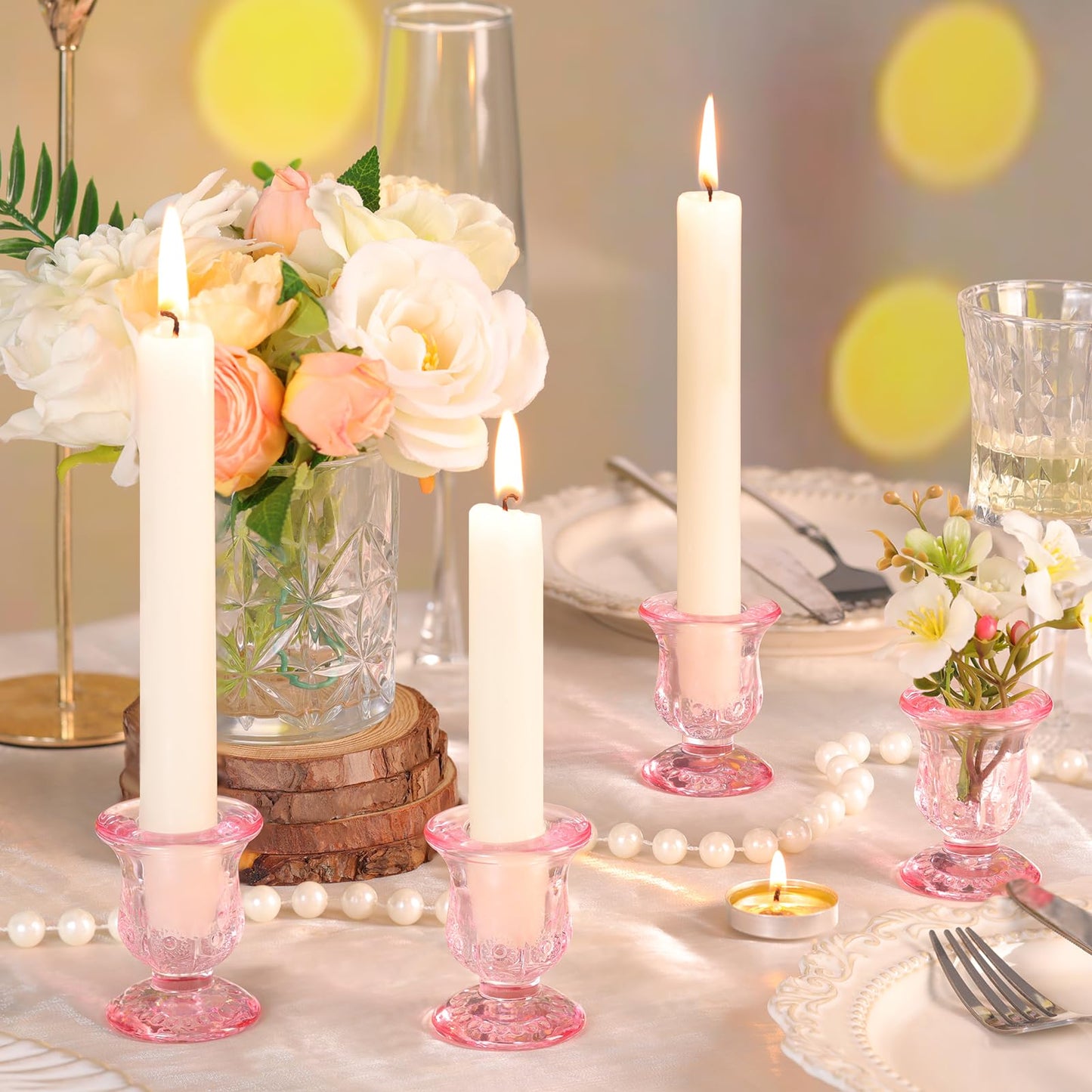 sunnyfuture 10pcs Pink Candlestick Holders, Glass Taper Candle Holders for Table Centerpiece Decor, Wedding, Valentine's Day, Mother's Day, Party Gift