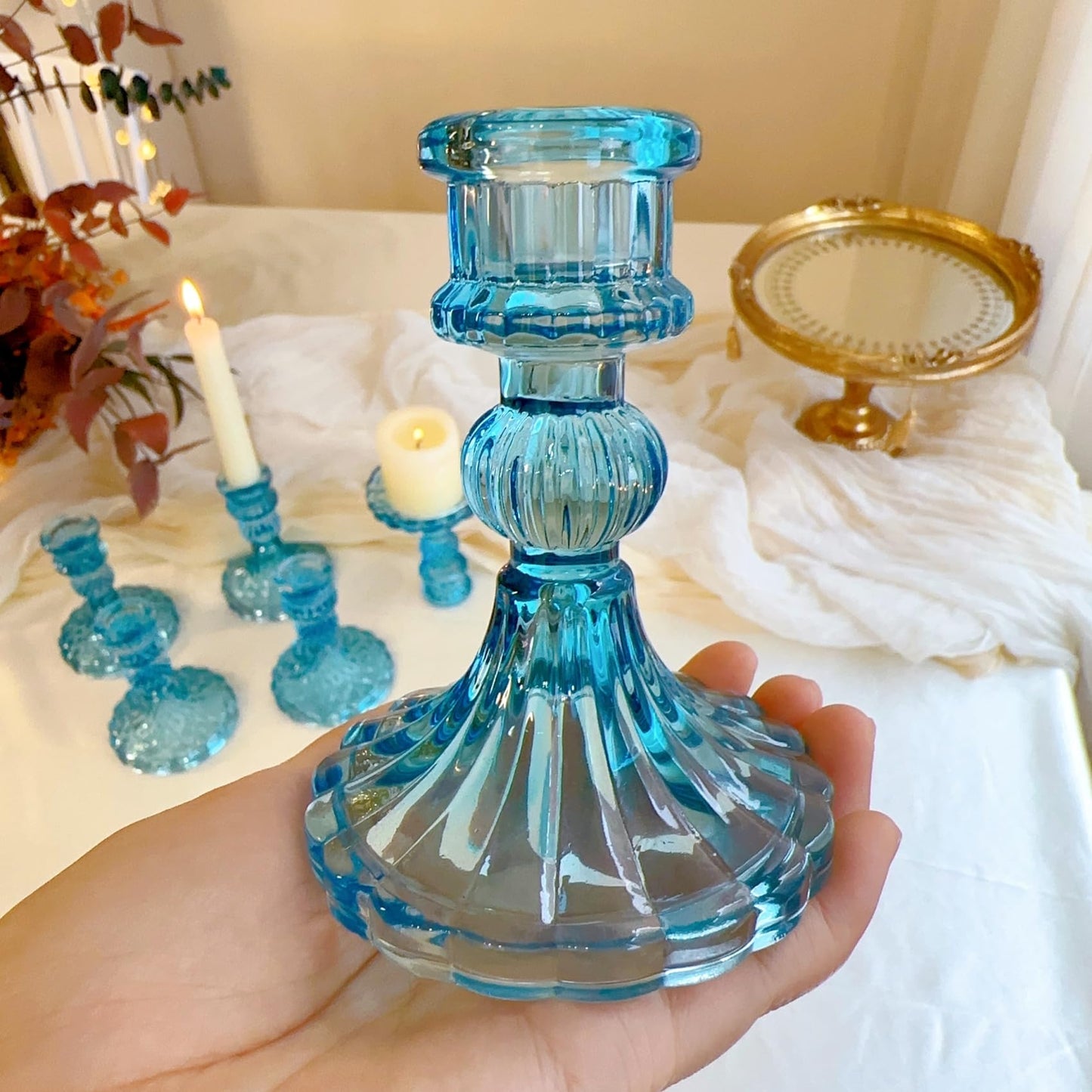 ECHFSM Glass Candlestick Holder,Striped Taper Candle Holders,Set of 6 Candle Stand for Table Centerpieces, Home Decor,Weddings,Festival and Parties (Blue Stripe Pattern)