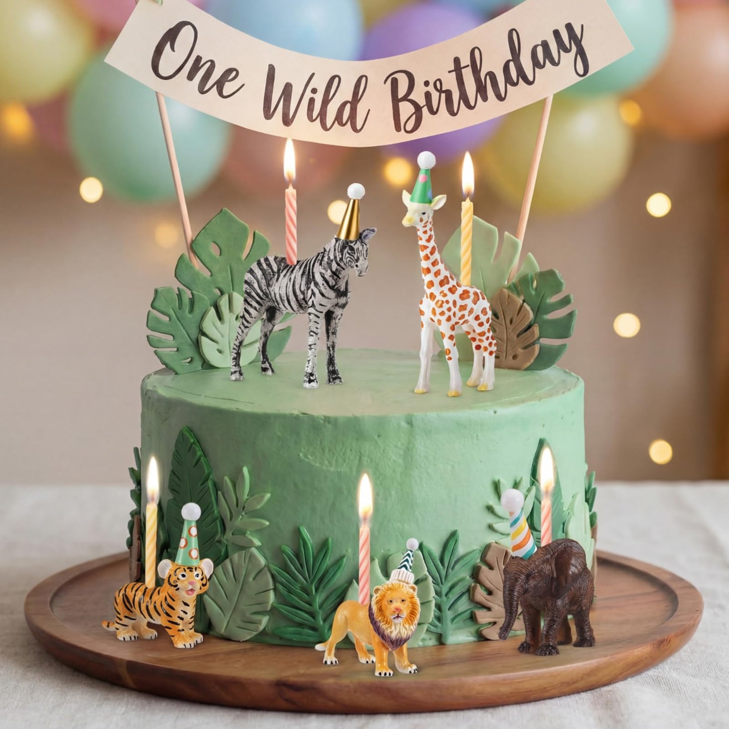 BrightRow 5 Pcs Safari Jungle Animal Cake Candle Holders Resin Animals Figures Cake Topper Birthday Party Decor Giraffe Lion Elephant Zebra Tiger Candle Stands for Wild Animals Themed Party Decor