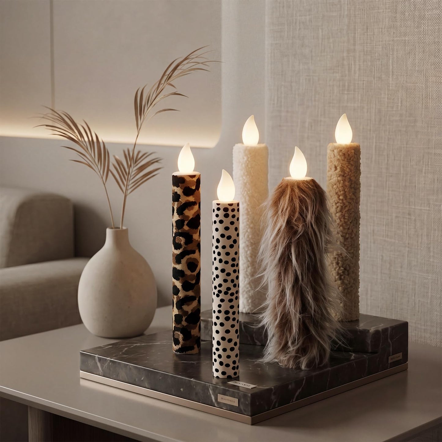 Fumete 5 Pcs Leopard Plush Candle 10.6 Inch Lambswool Flameless LED Taper Candlesticks Leopard Print Theme Decor Print Flameless Battery Operated for Dinner Table Home Bathroom Birthday Party Decor