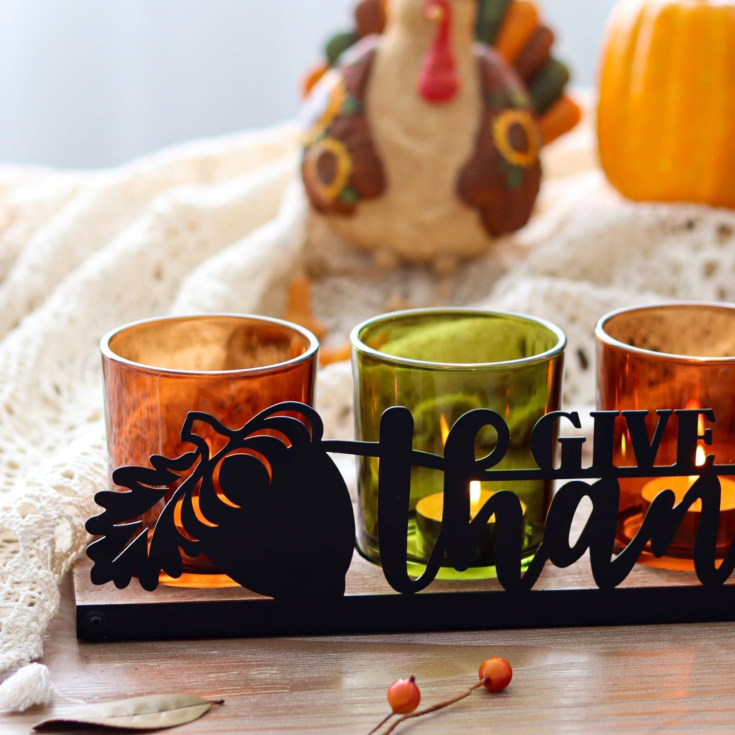 SYFURNIX Thanksgiving Centerpieces Glass Tealight Votive Candle Holder Include 1 Candle Tray & 4 Candle Holders Fall Thanksgiving Table Decorations Indoor