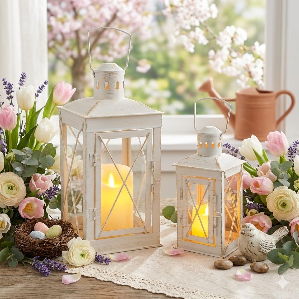 TRIROCKS Set of 2 Decorative Candle Lantern 12'' & 8'' High Metal Candle Holder Hanging Lantern Perfect for Home Decor Patio Living Room Parties Events Tabletop Indoors Outdoors (White)