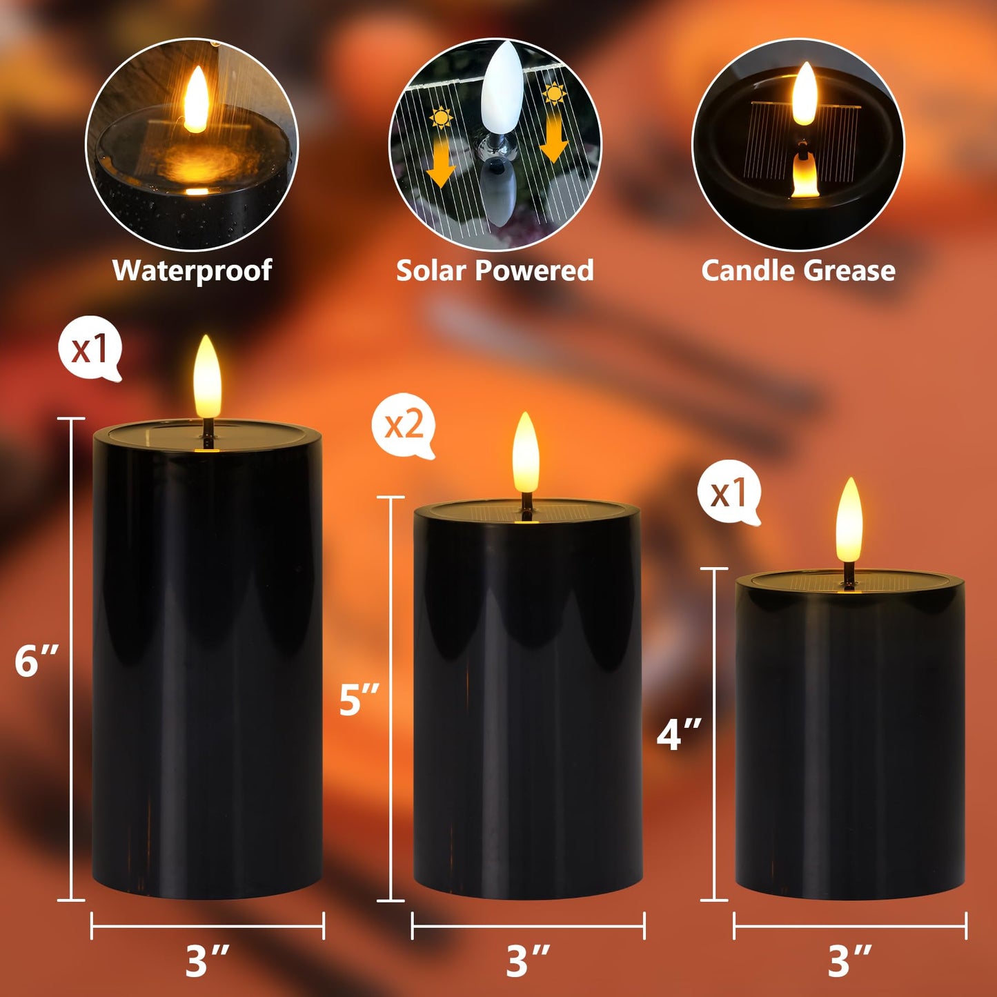 Mavandes Solar Powered Waterproof Flameless Pillar Candles with Candle Grease, Flickering Dusk to Dawn Battery Operated Pack of 4 Black Plastic LED Outdoor Lighting Halloween (3" x 4" 5" 5" 6")