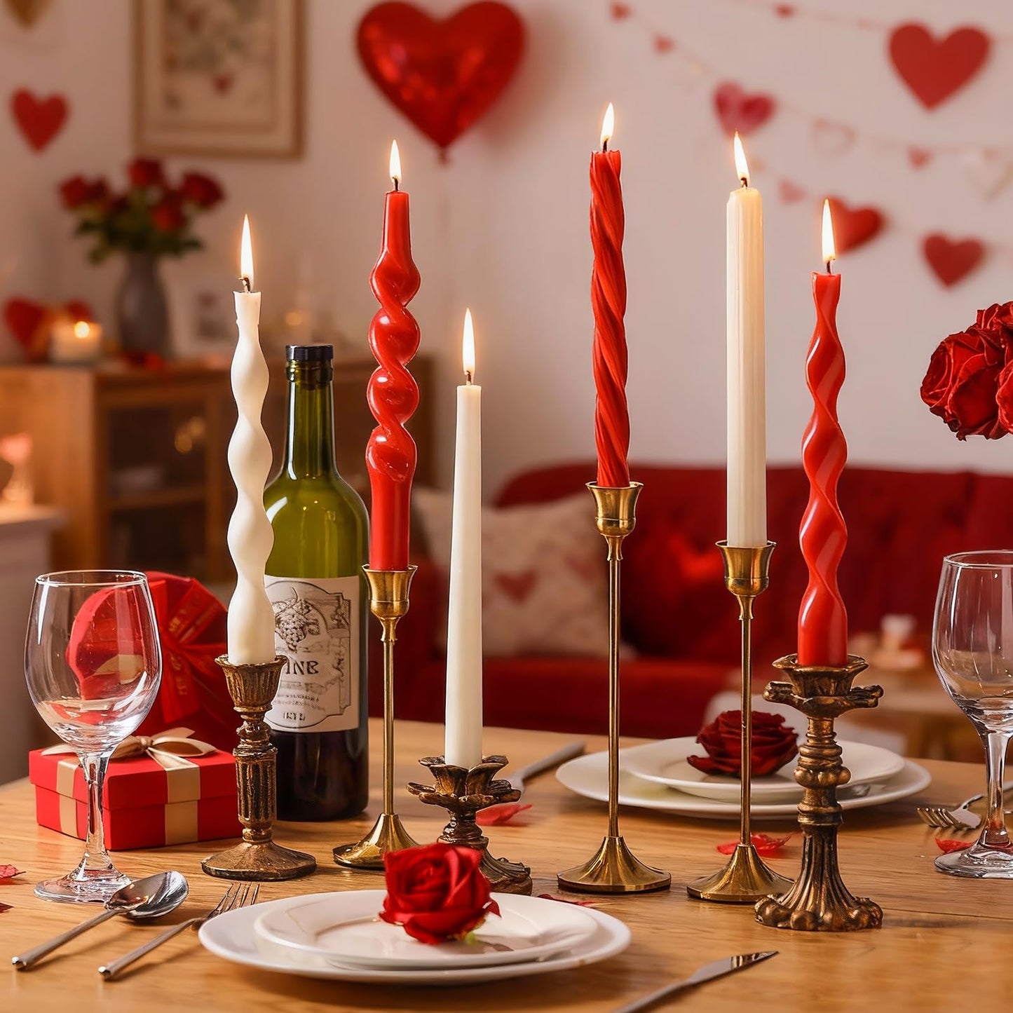 Lyrow 6 Pcs 8 Inch Valentine Day Twisted Taper Candles Dripless Red White Unscented Spiral Wax Taper Candles Valentine Long Swirl Tapered Candlesticks for Wedding Holiday Party Decoration