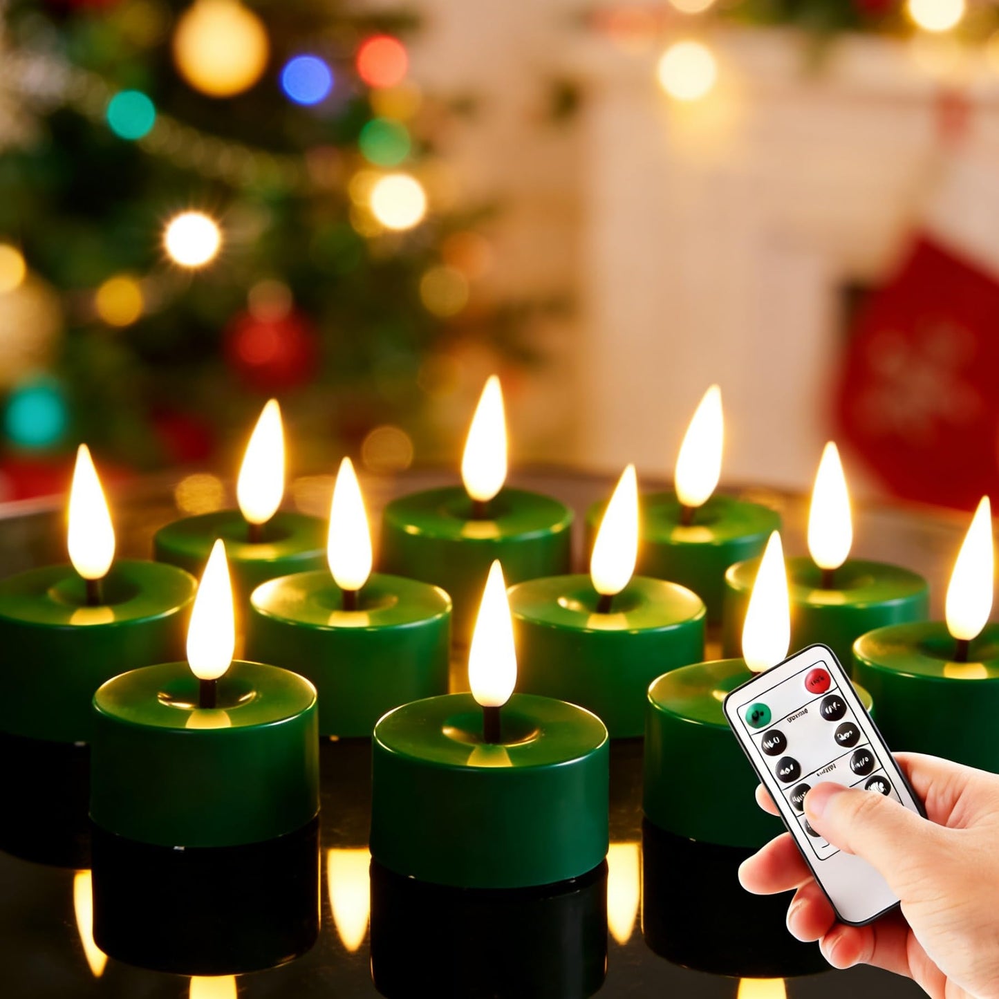 Eywamage Green LED Tealights with Remote Batteries, Flickering Flameless Tea Lights Votive Candles Set of 12