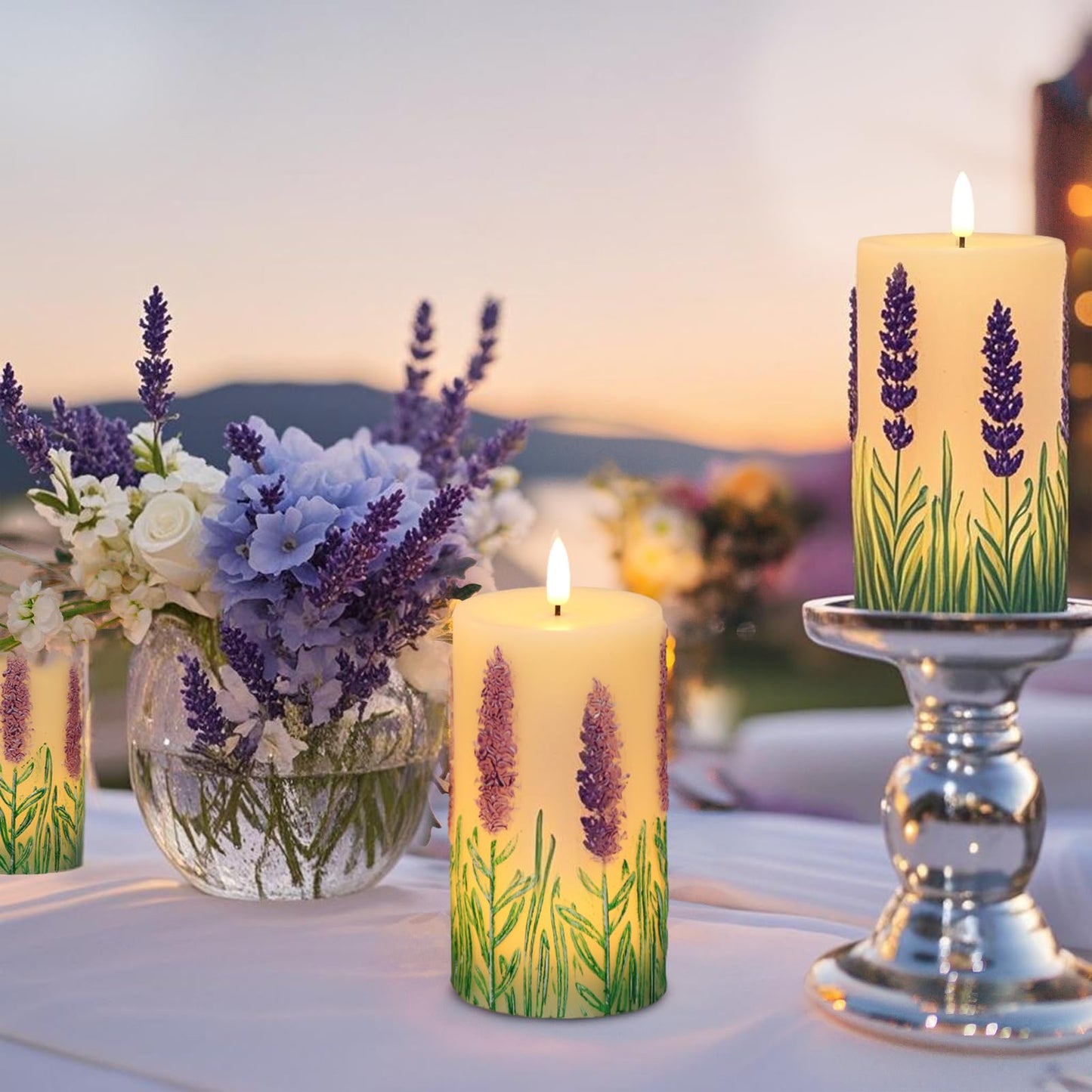 DRomance Lavender Flameless Candles Battery Operated with 6 Hour Timer 3D Wick Flickering LED Pillar Candles Real Wax Hand-Painted Dinner Christmas Holiday Decor(2 Pack, 3" D x 6.5" H)