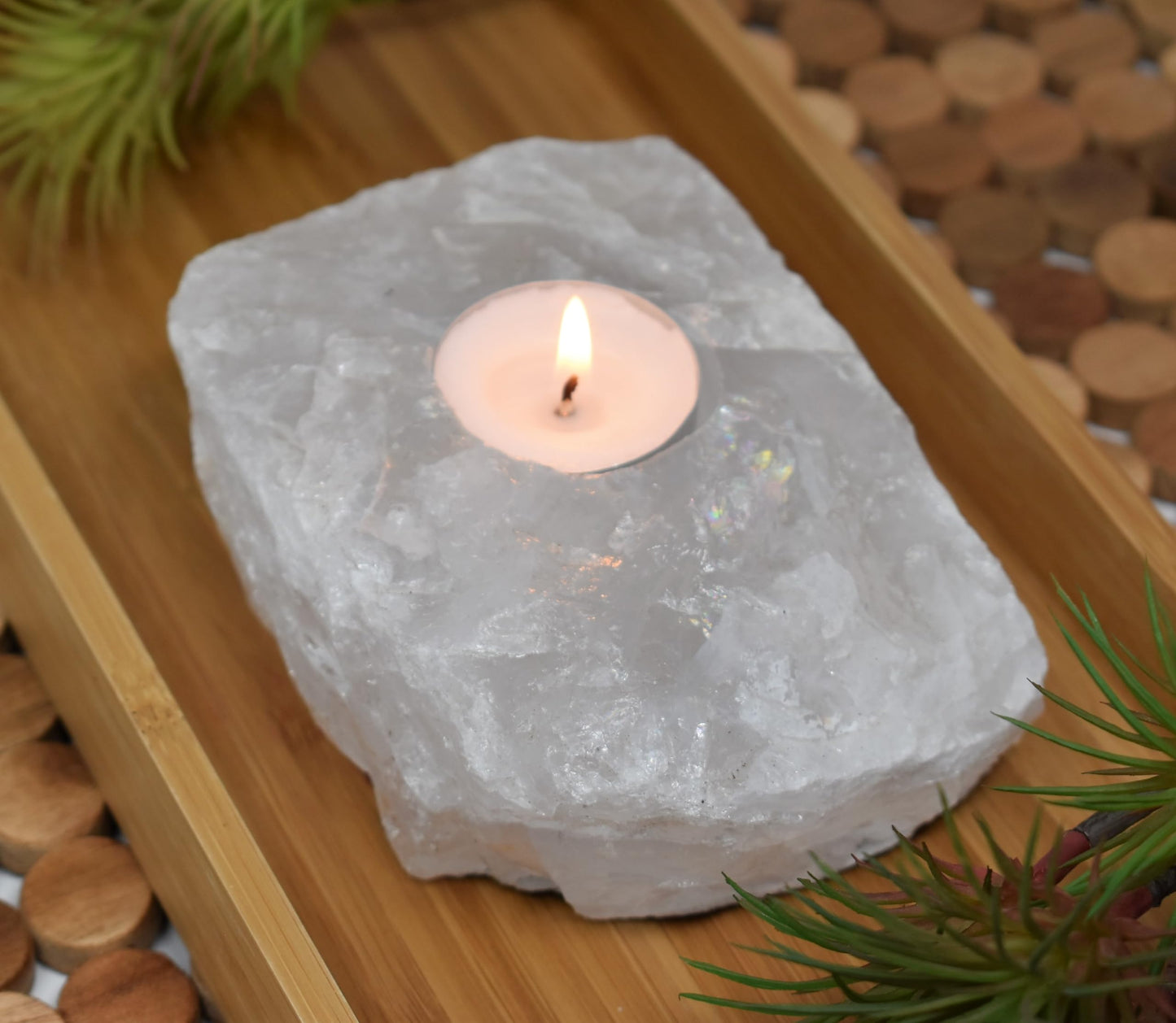 Nature’s Decorations Crystal Quartz Votive Tealight Holder - White Candle Holder for Side Tables, Countertops, Living Room, & Gifting - Rectangle Crystal Quartz Candleholder (3” x 3” x 1.5”)