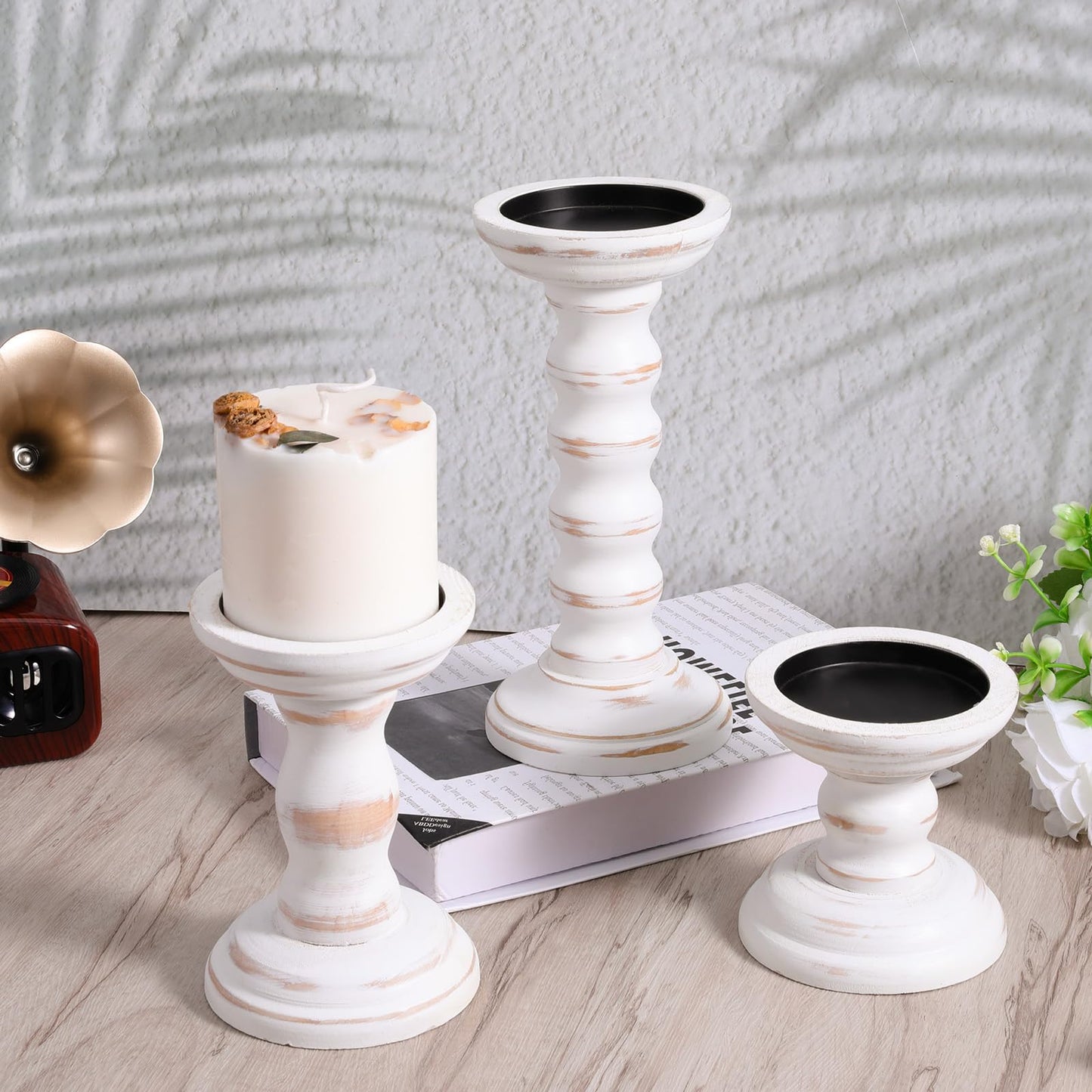 Rustic Candles Holder Set of 3 Farmhouse Wood Candle Holders Rustic Wooden Candle Stand Decorative Wood Candlestick Holdersfor Living Room, Table Centerpiece Dining Fireplace(White)