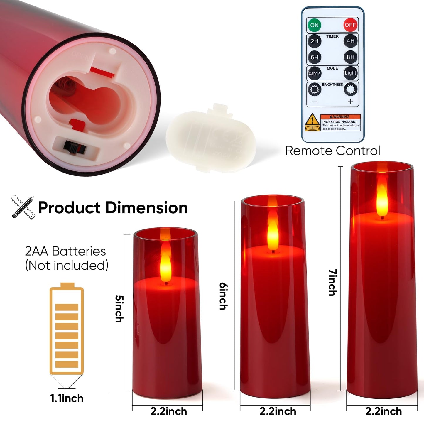 Homemory Decorative Flameless Candles, Battery Operated Candles with Remote & Timer, Flickering Led Pillar Candles, Plexiglass, Red, Pack of 9, D2.2 xH 5" 6" 7"