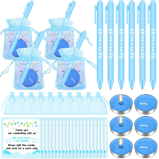 Ctosree 50 Sets Baby Shower Favors for Guests Include 50 Pcs Tea Light Candle Bulk Thank Tag and Chiffon Bag with Drawstring Retractable Ballpoint Pen for Gender Reveal Party Supplies(Boy,Blue)