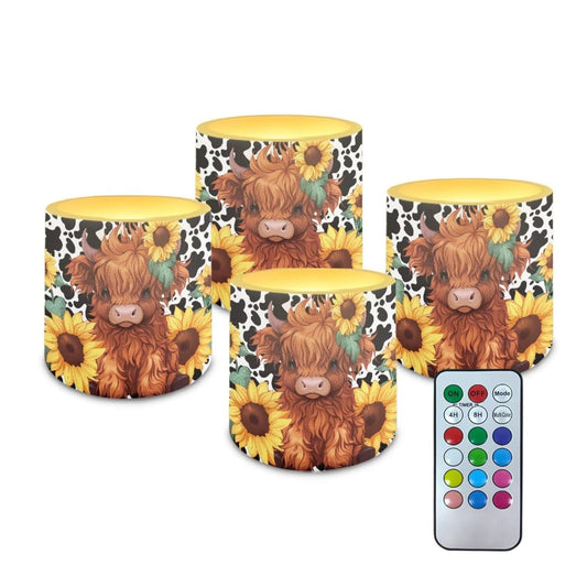 NETILGEN Sunflower Highland Cow Flameless Candles with Remote Control Timer LED Pillar Candles Set of 4 Battery Operated Candles for Home Living Room Decor