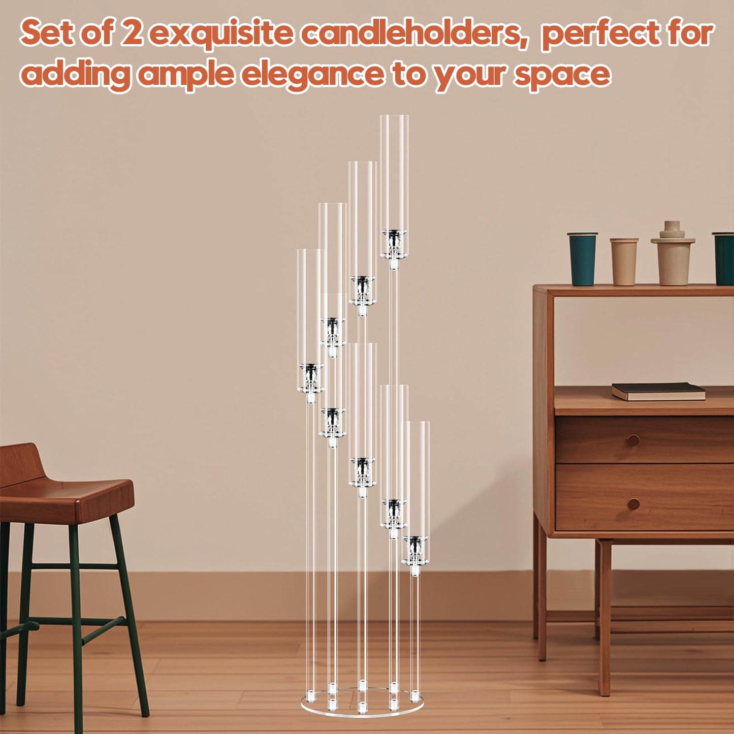 2 Set 8 Arm Acrylic Candle Holder, Mjkeomo 49.2'' Tall Candelabra Centerpieces for Tables Clear Candlesticks Holder for Housewarming Gift Fireplace Halloween Christmas Decor Fit 0.87'' LED Candle