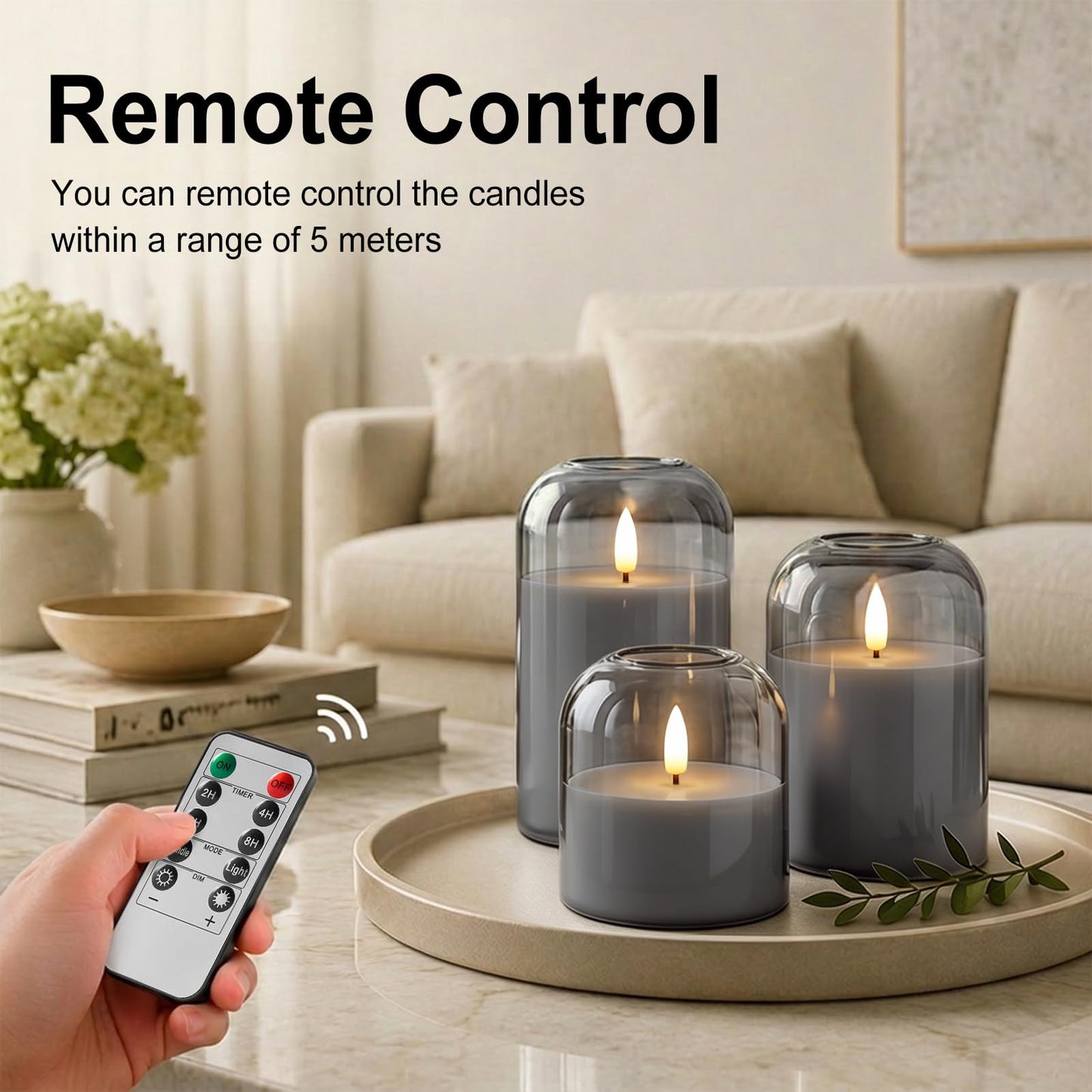 ARIKJ Grey Glass Flameless Candles with Remote and Timer, Realistic Flickering 3D Wick Battery Operated LED Pillar Candles, Modern Moody Gothic Aesthetic Decor for Fireplace Mantel Shelf Table