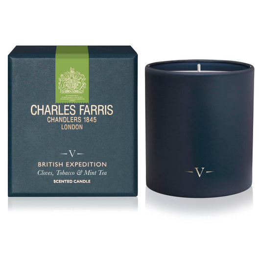 Charles Farris Luxury Scented Candle – 1 Wick, Hand-Poured, Long Lasting, Clean Burning, 210g / 7.5oz, Burns for up to 50 Hours, Made in England – Cloves, Tobacco & Mint Tea – British Expedition