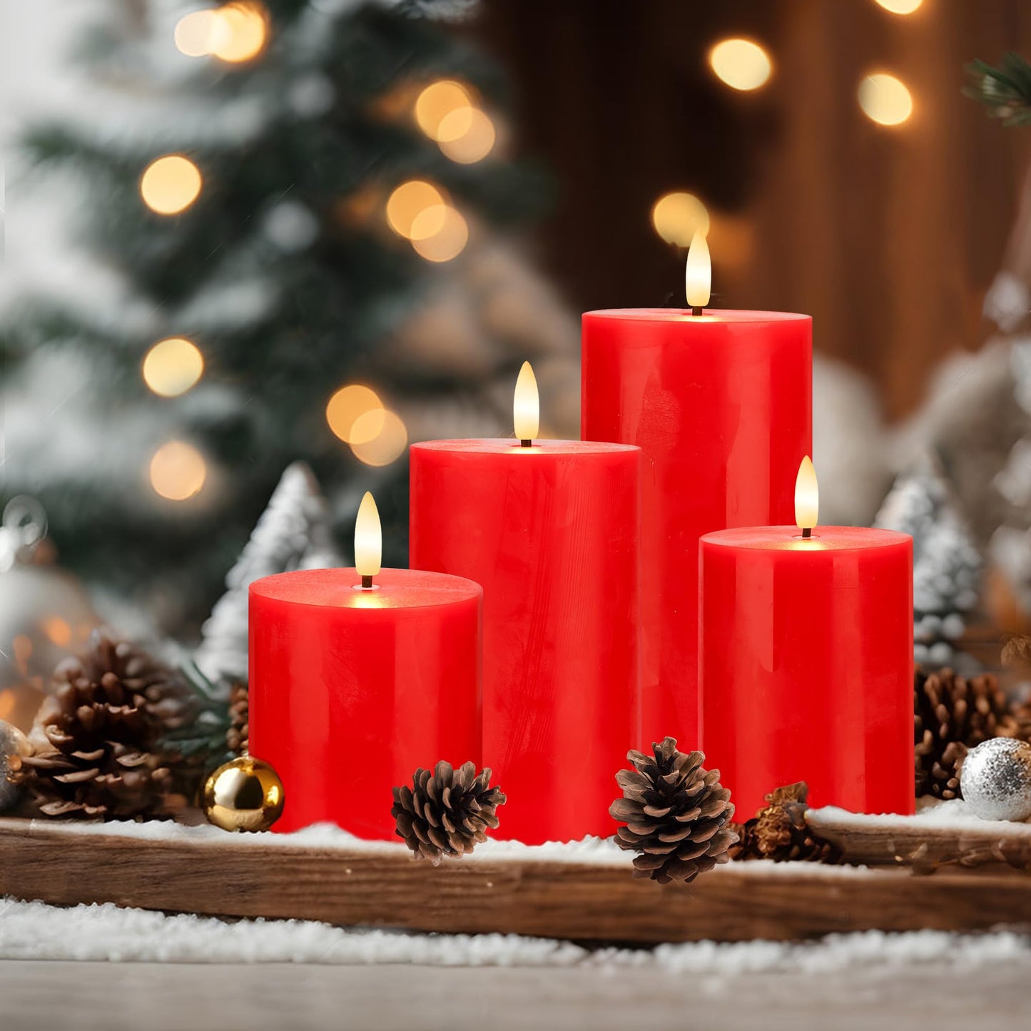 AFINETH Red Flameless Pillar Candles, Battery Operated Wax Candles with Remote, Flat Top Flickering Christmas LED Candle Decorations for Xmas, Home, Party Decor, Set of 4