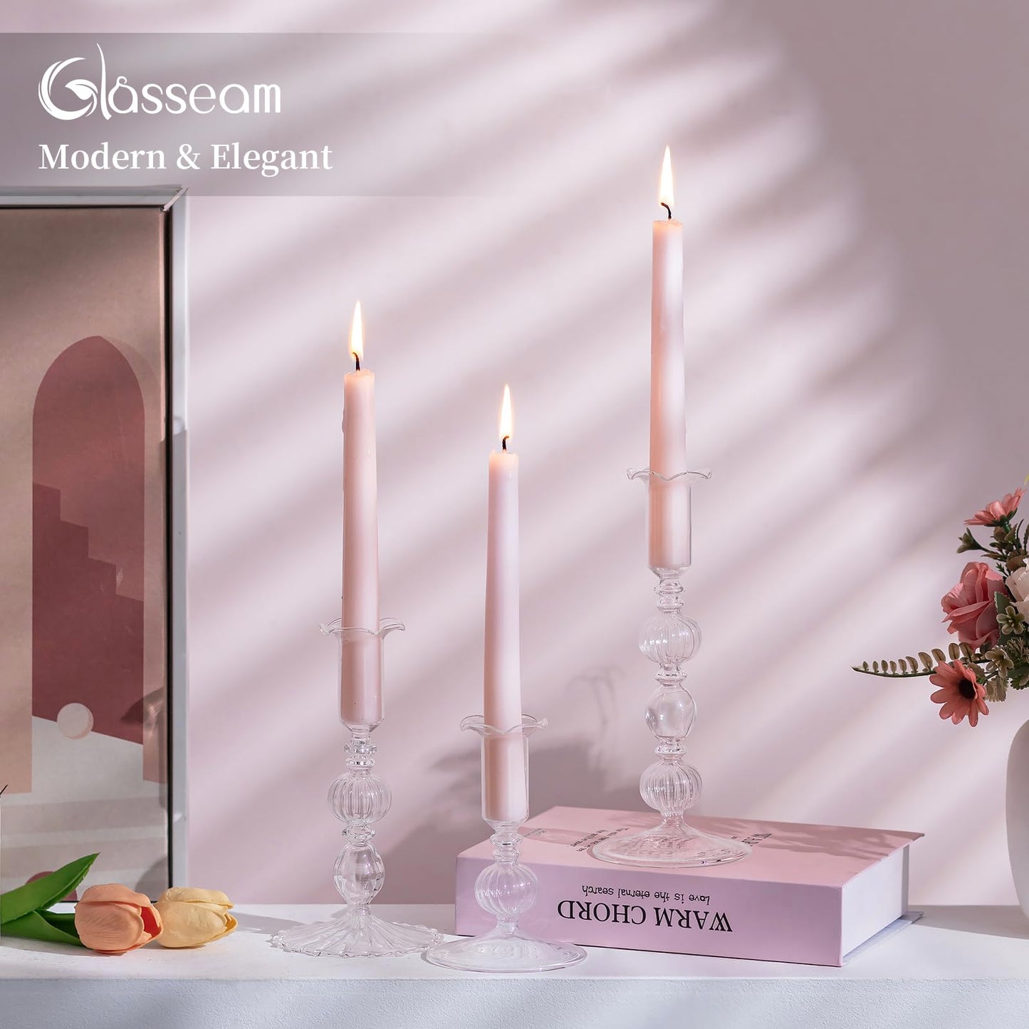Glasseam Glass Tapered Candlestick Holders: Set of 3 Clear Candle Sticks Holder Decor with Bobeche Modern Ribbed Taper Candle Holders for Table Centerpiece Christmas Wedding Home Decorations