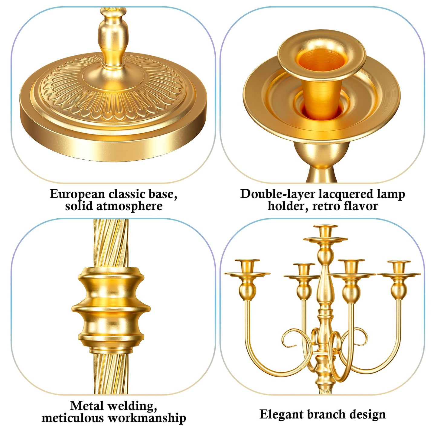 mopam 2 Pcs Floor Candelabra 50 Inch Gold Candelabra Centerpiece 5 Arms Floor Standing Candelabra Gold Candlestick Holder Antique Candle Holder Decorative for Party, Ceremony, Wedding (Line Styling)