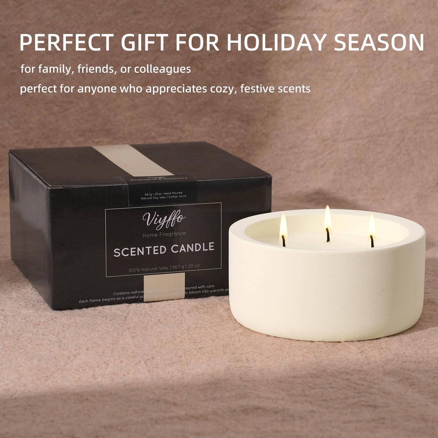 Viyffo 20oz Large Scented Candle – Vanilla Fragrance, 3 Wick Non Toxic Soy Candle, Ivory White Ceramic Jar, Luxury Home Fragrance, Elegant Spring Décor & Premium Birthday Gift