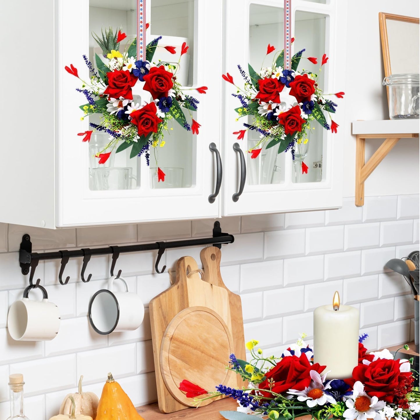 6 Pcs 4th of July Red White and Blue Candle Rings Wreath 3 Inch Patriotic Candle Rings Mini Wreath American Independence Day Rings Wreaths for Table Window Door Decor