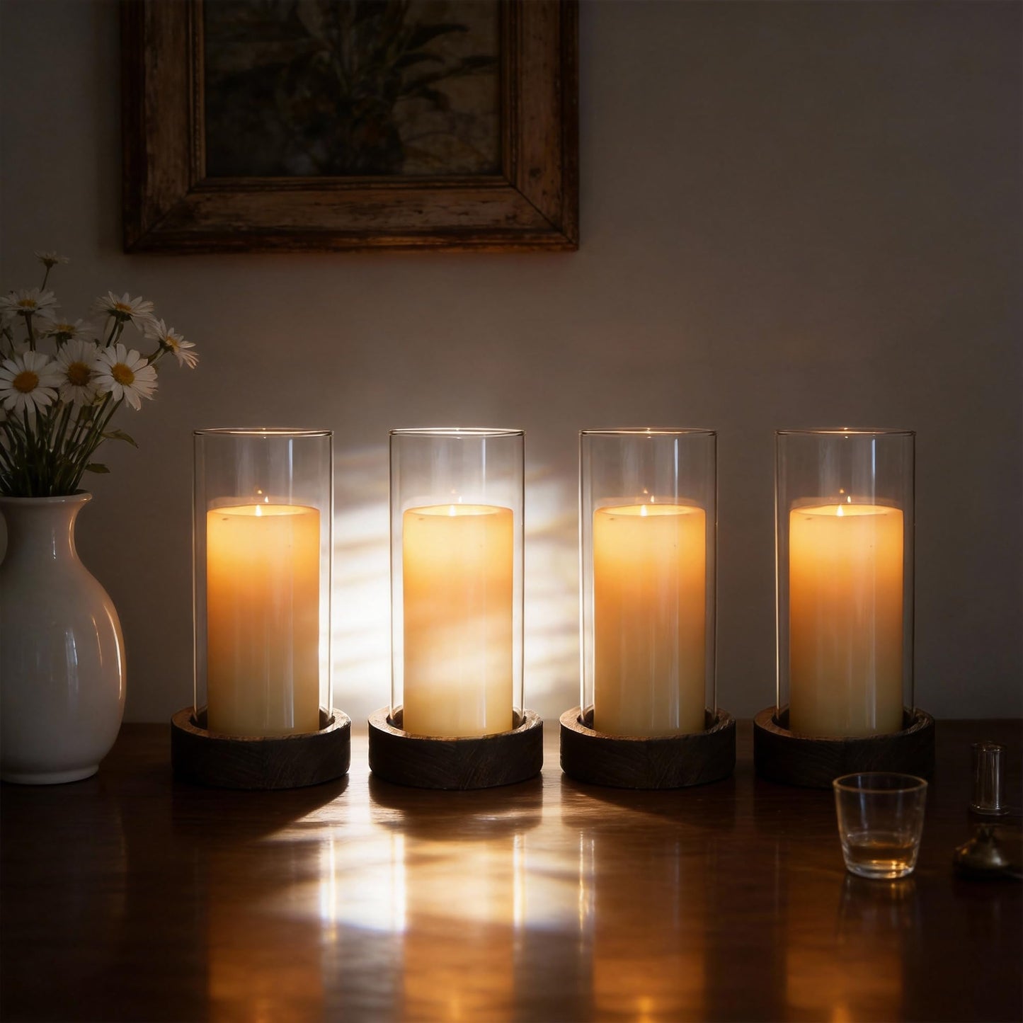 Ronasip Set of 4 Hurricane Candle Holders - 4.6x7.8 Inch Rustic Wooden Base with Glass Cylinder, Brown Pillar Candle Holders for Wedding Centerpieces, Home Decor, Table & Mantel Decorations