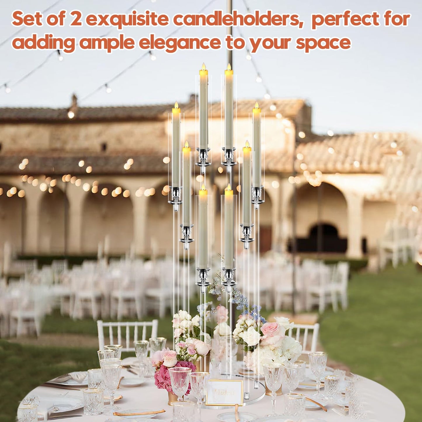 2 Sets 8 Arm Acrylic Candle Holder, Mjkeomo 38.5'' Tall Candelabra Centerpieces for Tables Clear Candlesticks Holder with Lampshade for Housewarming Gift Fireplace Dinner Decor Fit 0.82'' LED Candle