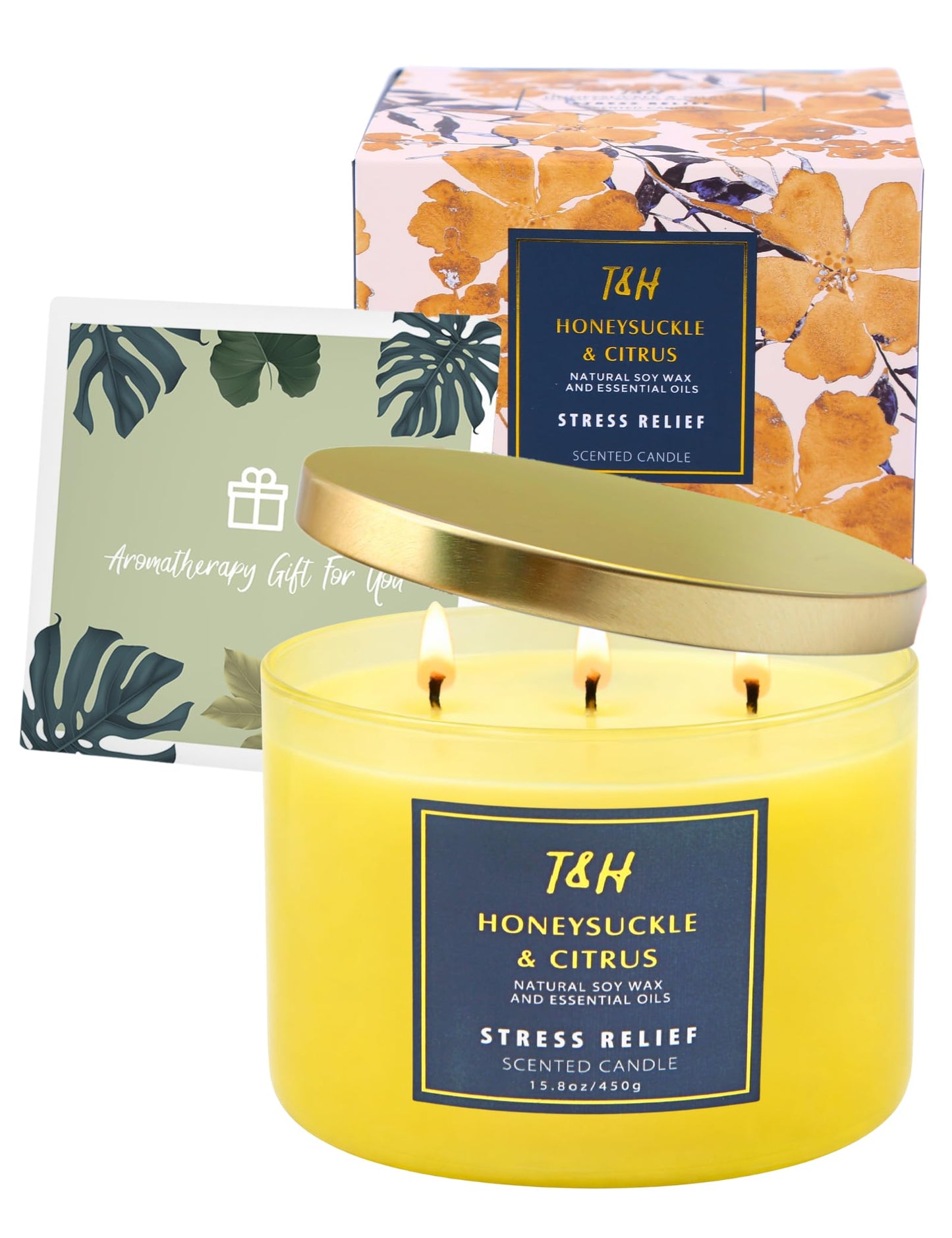 Honeysuckle Citrus 3-Wick Soy Candle | 15.8 oz Large Scented Candle for Home | Clean Burn Long Lasting | Fresh Floral Citrus Scent | Gift Ready