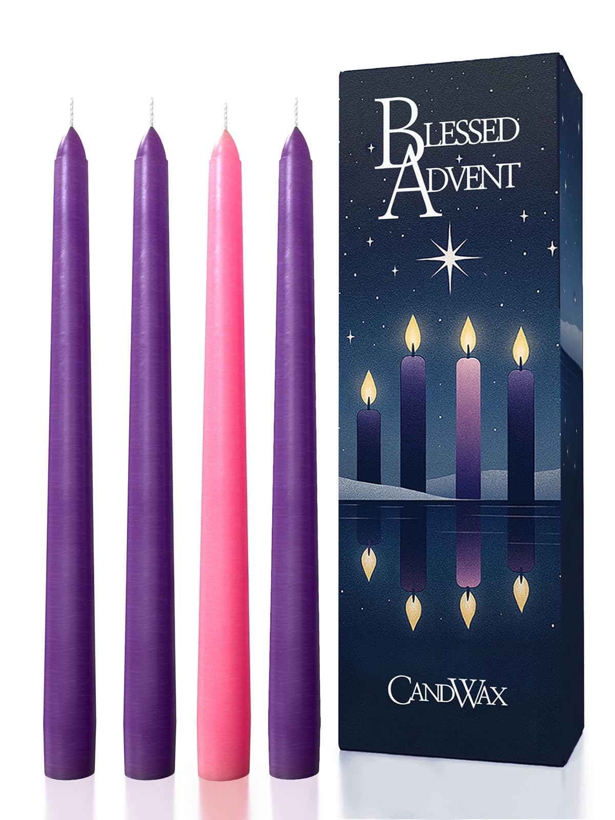 CANDWAX 10 Inch Advent Taper Candles Set of 4 - Long Burning Dripless Unscented Tapers - Perfect for Advent Wreaths, Christmas Décor - 3 Purple Tapers, 1 Pink Tapered Candle