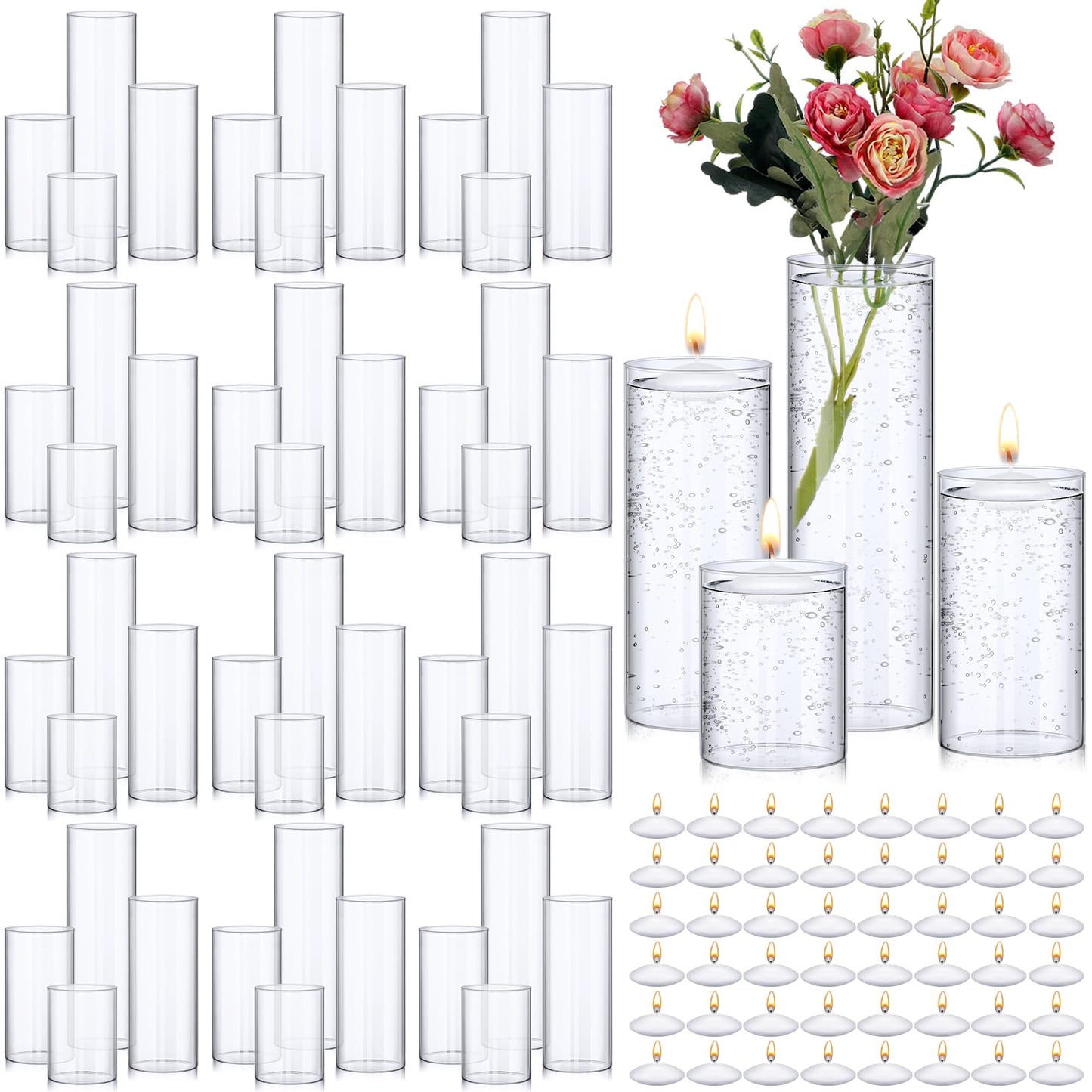 Yungyan 48 Pcs Glass Cylinder Vases for Centerpieces Tall Clear Flower Vase with Floating Candles Transparent Bulk Glass Votive Holders for Wedding Table Centerpiece Home Decor (4/6/8/10 Inch Tall)